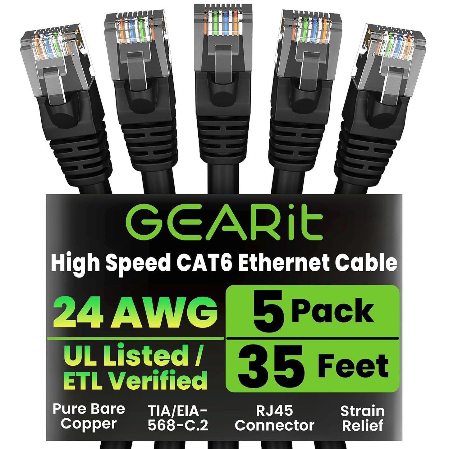 GearIT Cat 6 Ethernet Cable Pack - 5-Pack 35 ft Cat6 Ethernet Patch Cables | RJ45 Network Patch Cable, 10 Gbps Snagless Gold-Plated Connectors - Ethernet Cable Cat 6 for PC, TV, Router - Black