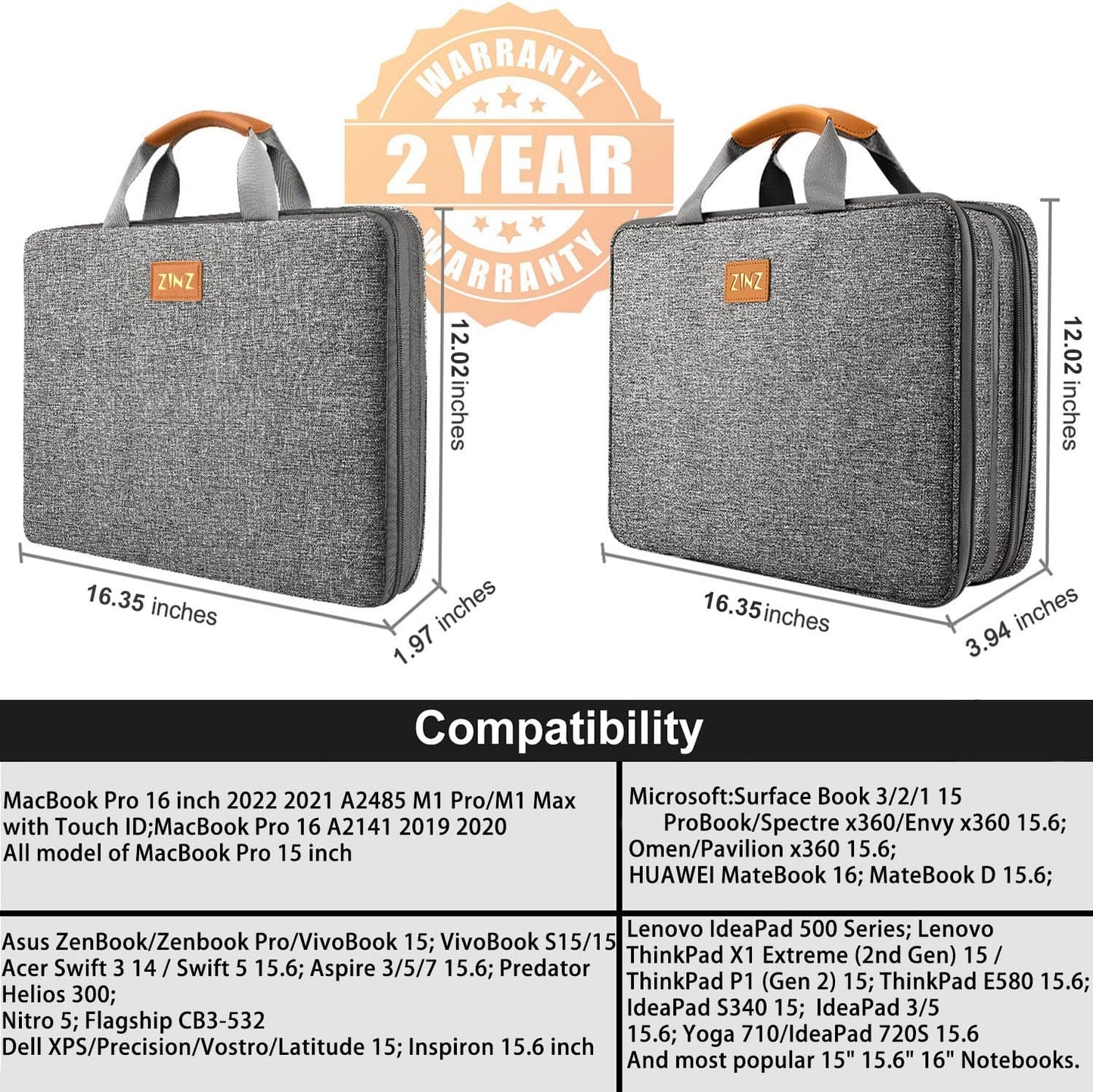 ZINZ Slim Expandable Laptop Case 15.6 Inch Sleeve Upgraded Protective Durable Recycled Carrying Case Compatible with MacBook 15" & 16" and Most 15" 15.6" 16" Notebook,D01G01