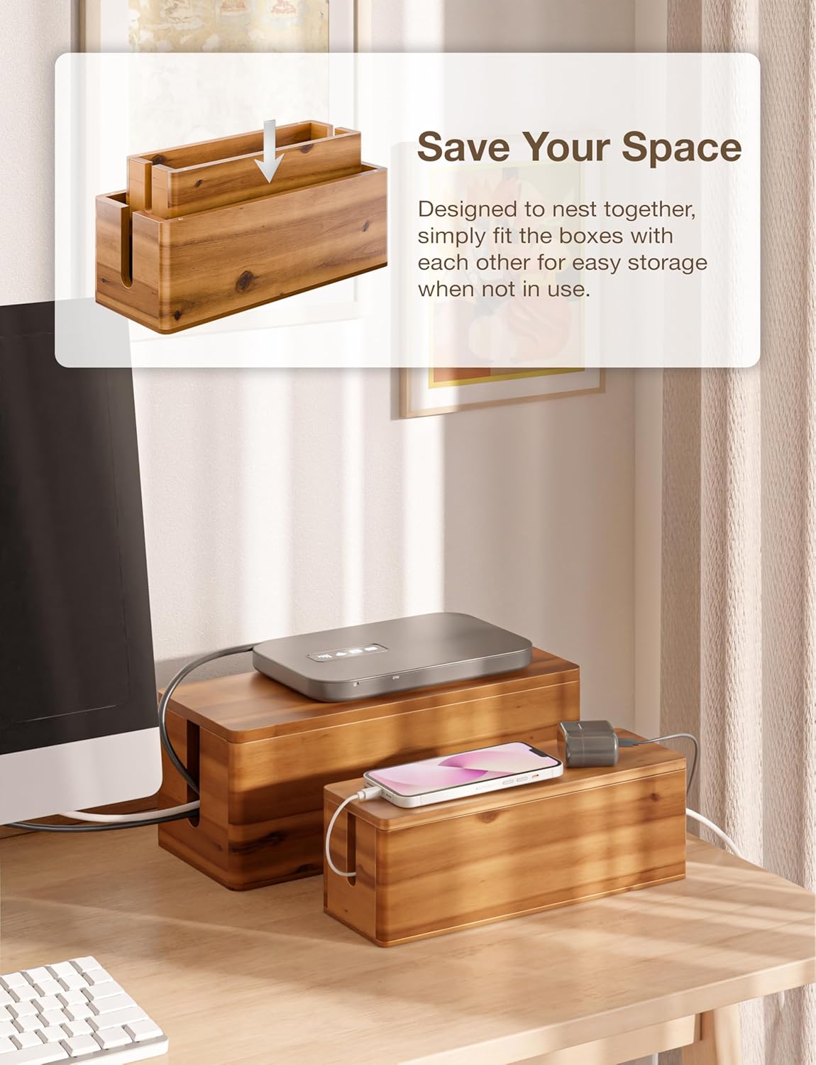 Acacia Large Cable Management Box - Set of 2 Cord Box Hider for Home, Office - Cable Hider Box, Surge Protector Box for TV Wires, Computer - Power Strip Box with 2 Open Slots, Magnetic Lid