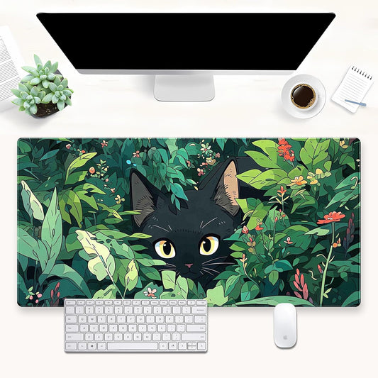 Black Cat Mouse Pad Cute Gaming Mousepad XL Kawaii Computer Mat 31.5 x 15.7 in Full Desk Mouse and Keyboard Pad Green Desk Mat with Stitched Edge Anti-Slip Washable for Office and Home