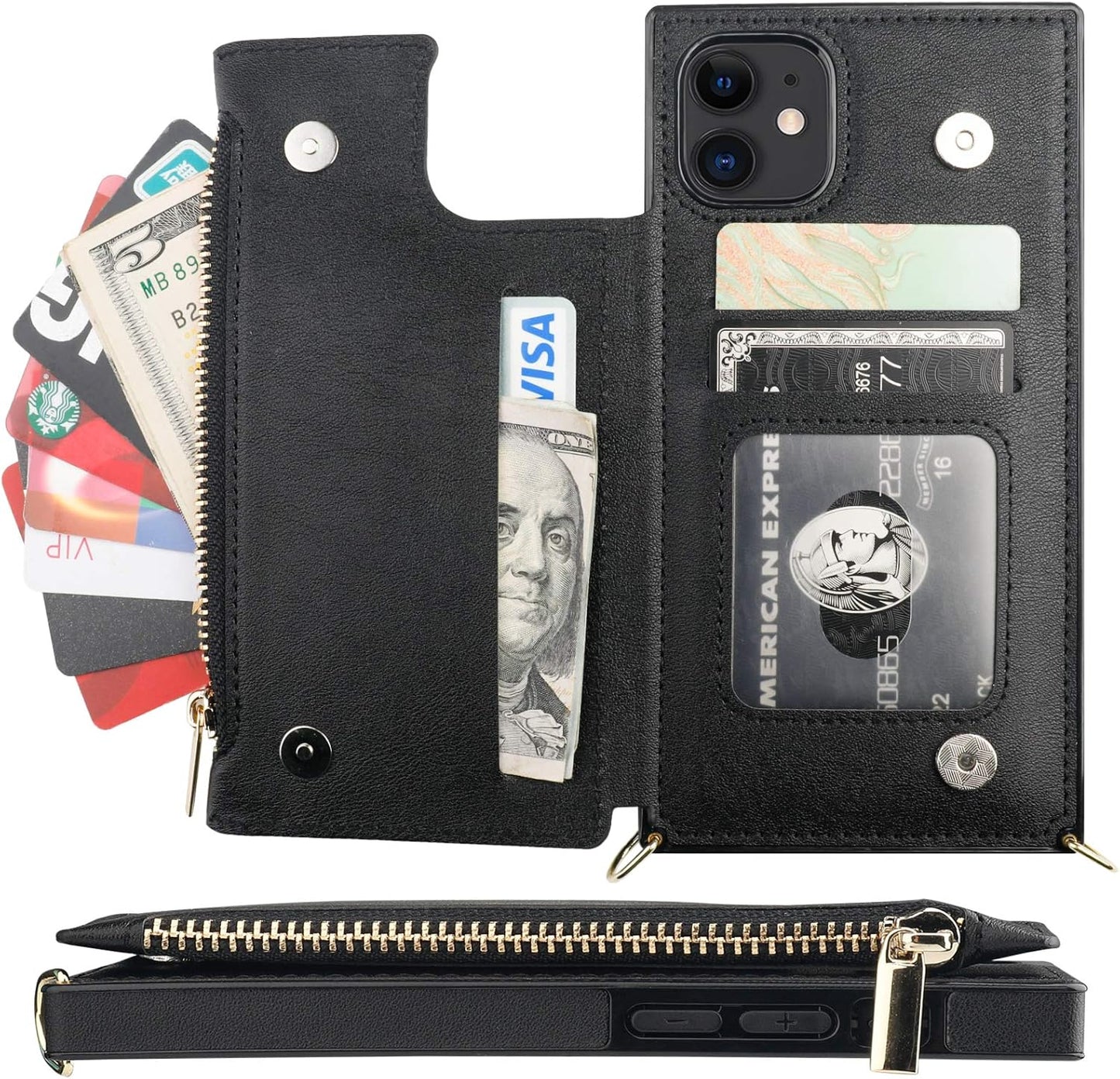 Bocasal Crossbody Wallet Case for iPhone 11 with Card Holder,Zipper Card Slot Protector Shockproof Purse Cover with Removable Cross Body Strap 6.1 Inch(Black)