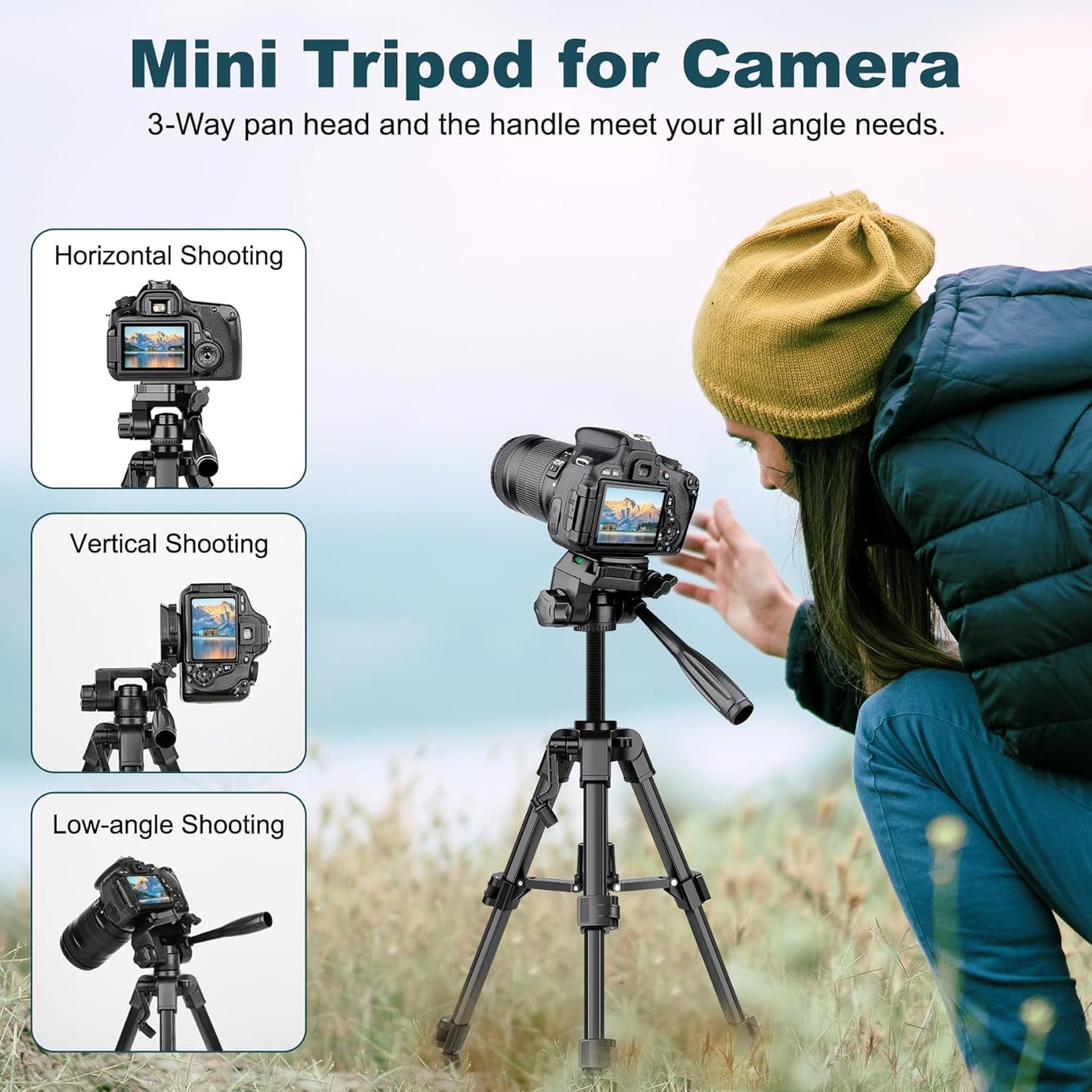 JOILCAN Mini Tripod for Camera, 25" Tabletop Camera Tripod, Portable Travel Tripod w/Phone & Tablet Holder, Lightweight Aluminum Tripods for DSLR Phone