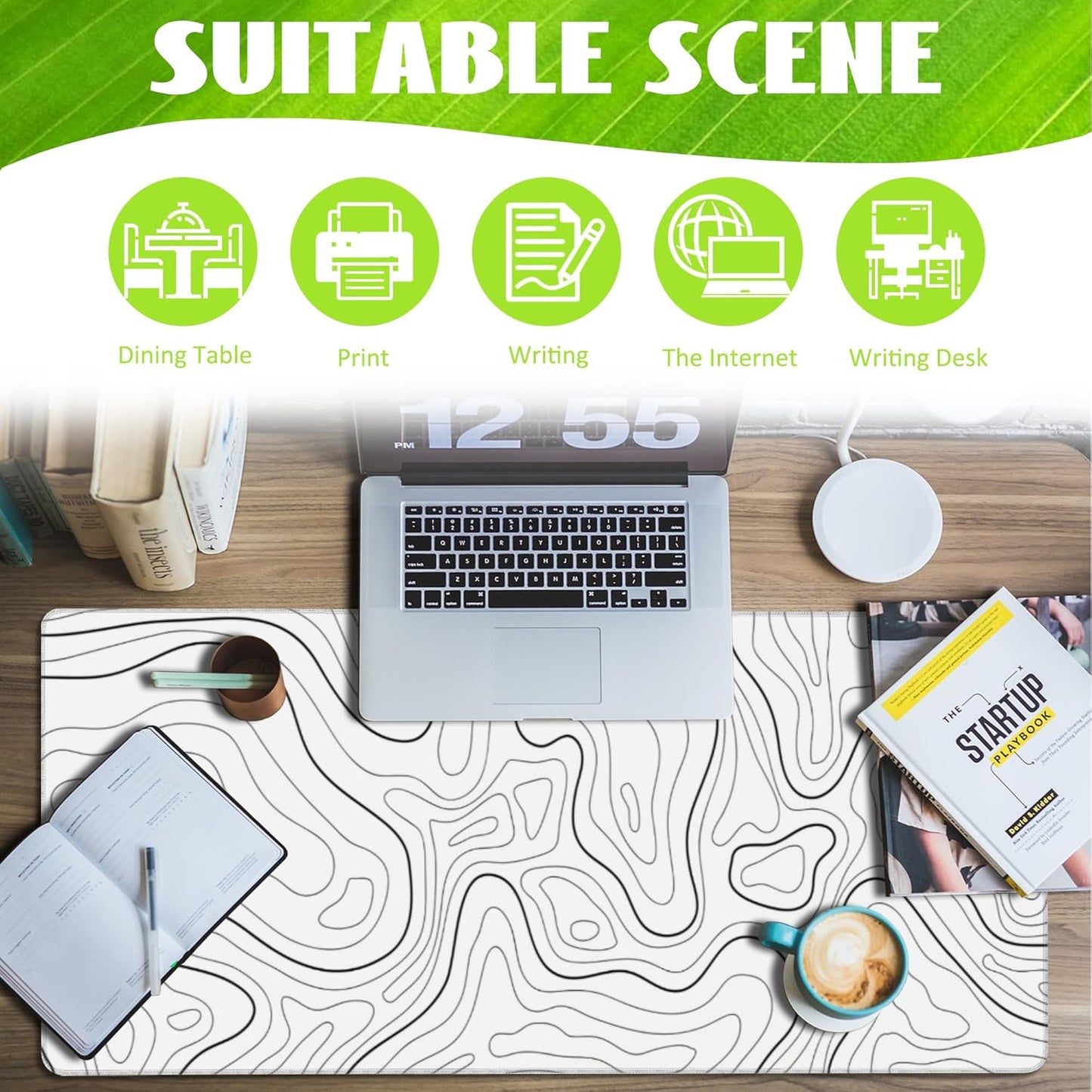 Desk Mat,White Topographic Contour Map Desk Pad,Topographic Contour Large Gaming Mouse Pad for Desk,Extended Big Computer Keyboard Mouse Pad with Non-Slip Base and Stitched Edge,35.4"x15.7"