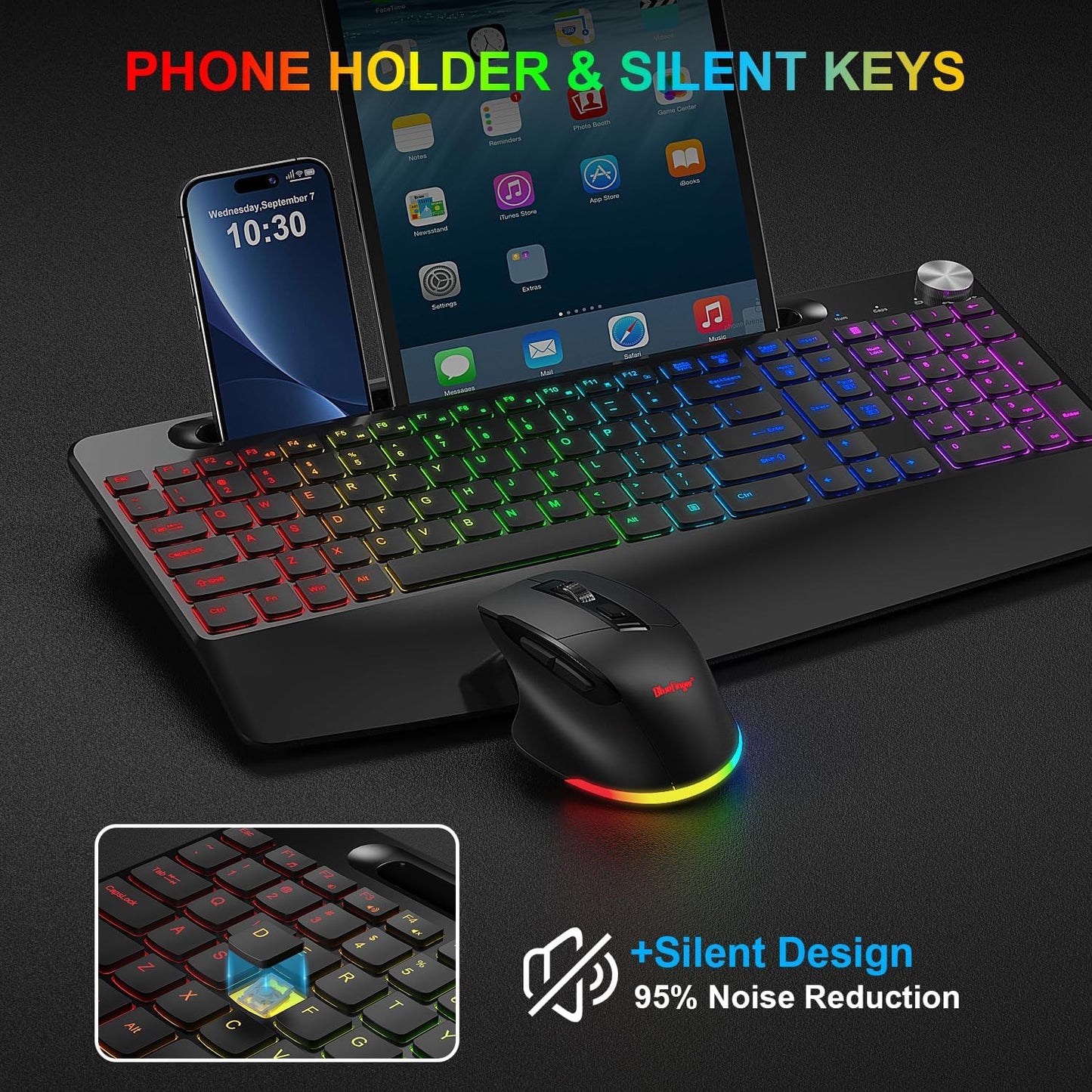 BlueFinger Wireless Keyboard and Mouse Combo Backlit, 2.4G Rechargeable Ergonomic Gaming Keyboard with Wrist Rest, Phone Holder, Volume Knob, Silent Light Up Keyboard with Mouse for Computer Laptop