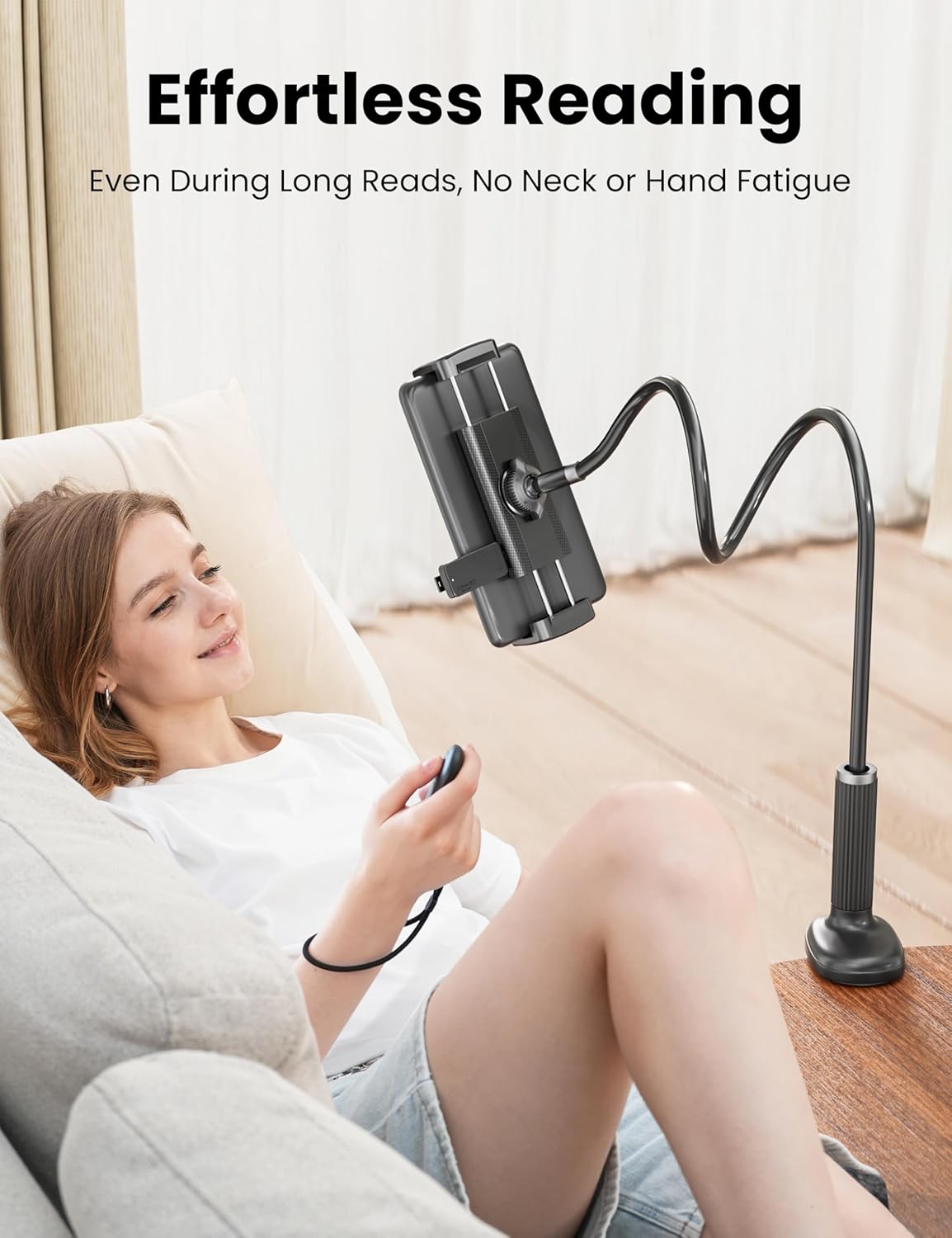 Gooseneck Kindle Holder with Remote Page Turner for Reading in Bed,Tablet Mount Holder for Desk,Flexible Long Arm for Tablets iPhones Kindle Accessories