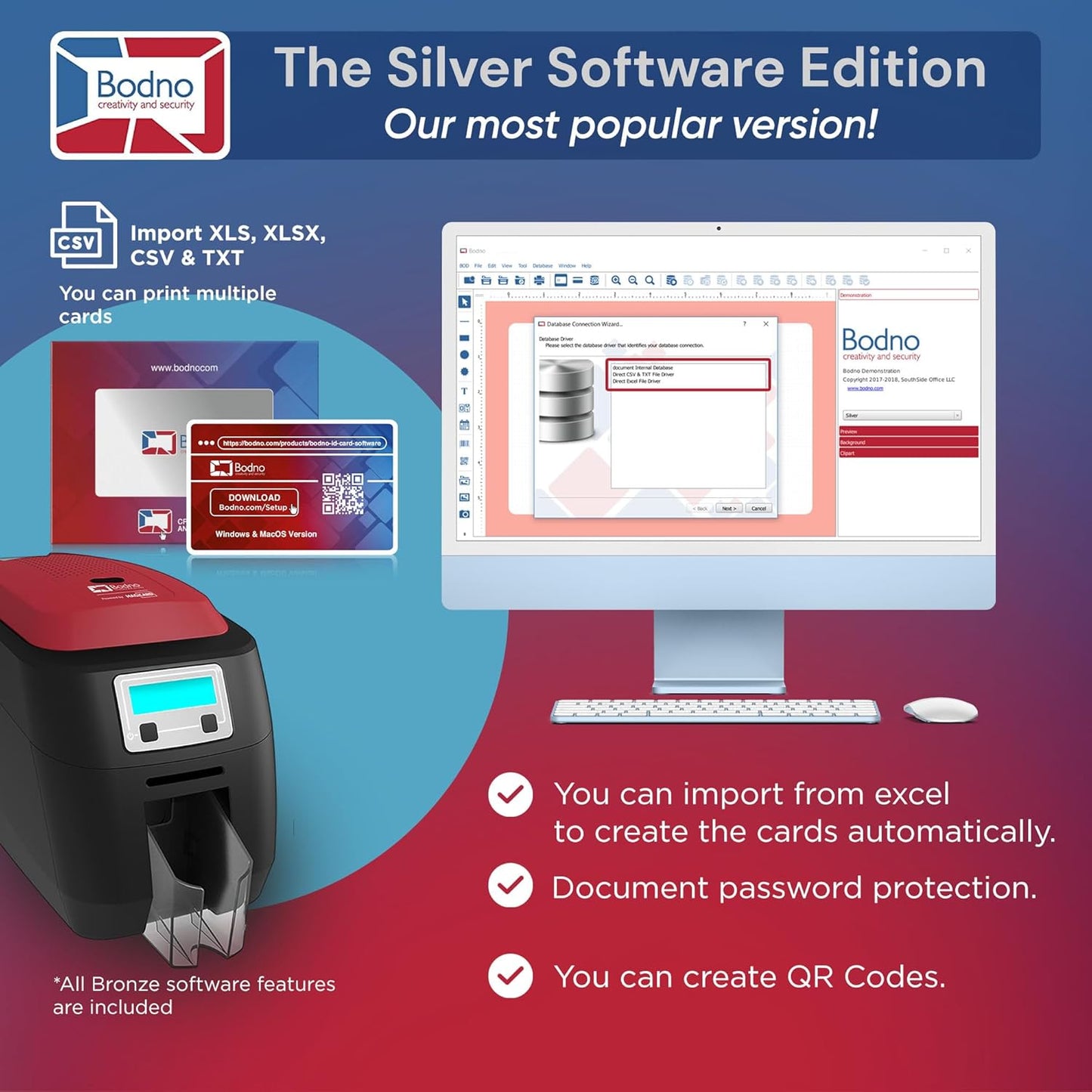 Bodno Magicard 400X Single Sided ID Card Printer & Complete Supplies Package ID Software - Silver Edition