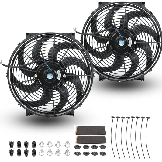 2PCS 14 Inch Universal Slim Fan Push Pull Electric Radiator Cooling Fan Mount Kit 12V 90W Black
