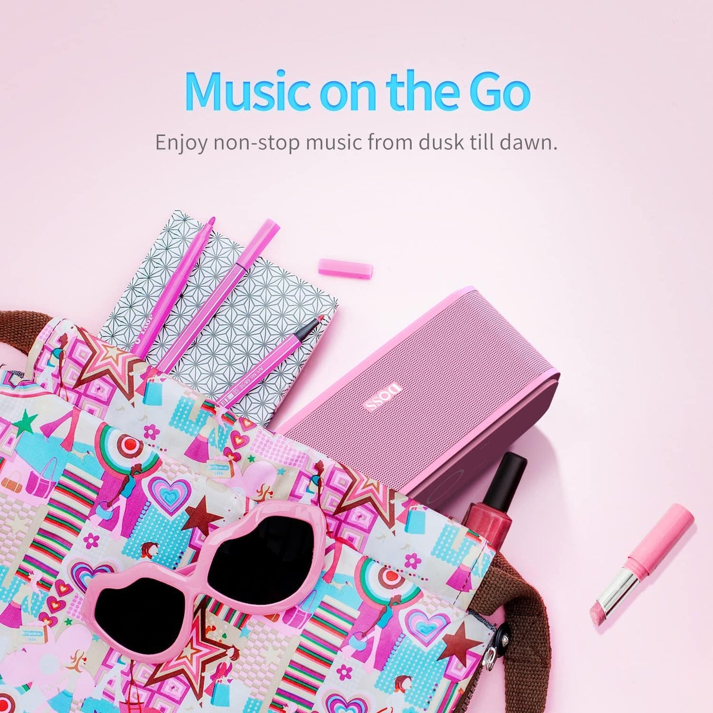 DOSS SoundBox Touch Wireless Bluetooth Speaker with 12W HD Sound and Bass, IPX5 Water-Resistant, 20H Playtime, Handsfree, Portable for Office, Home, Outdoor, Travel-Pink