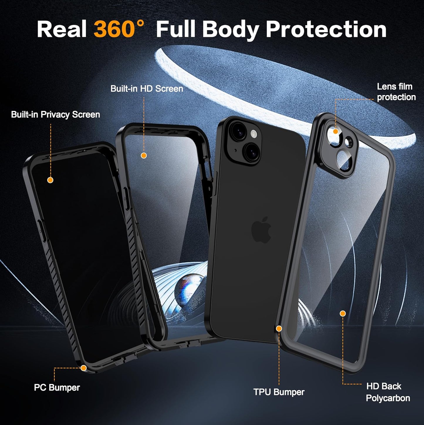 for iPhone 14 Plus Case Waterproof - Built-in Privacy Screen Protector & HD Screen Protector [IP68 Underwater] Shockproof Dustproof Full Body Protection iPhone 14 Plus Phone Case Black