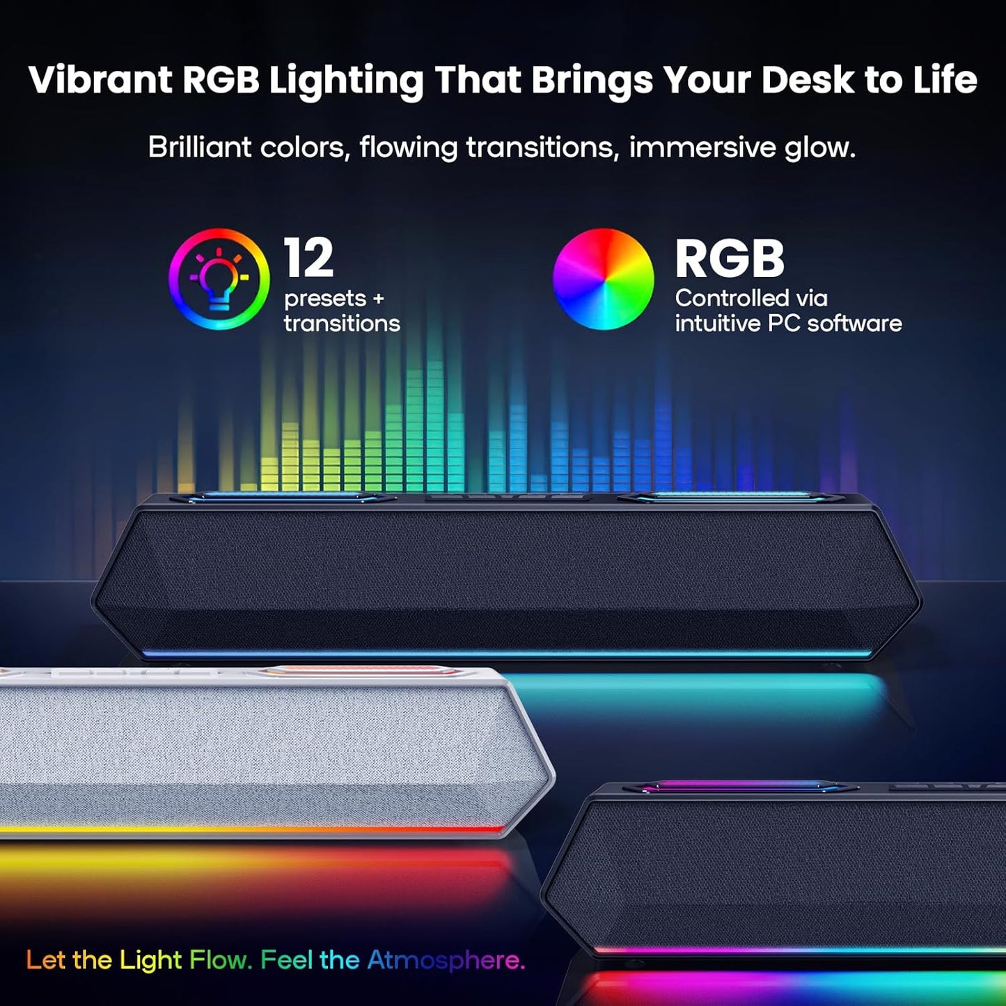 Deeyaple Computer Speakers, 40W Wireless Soundbar for Desktop PC with Bluetooth 5.3 & USB Audio, Dynamic RGB Lighting, Software Custom EQ, External Power Adapter Gaming Speakers, Laptop, Xbox Black