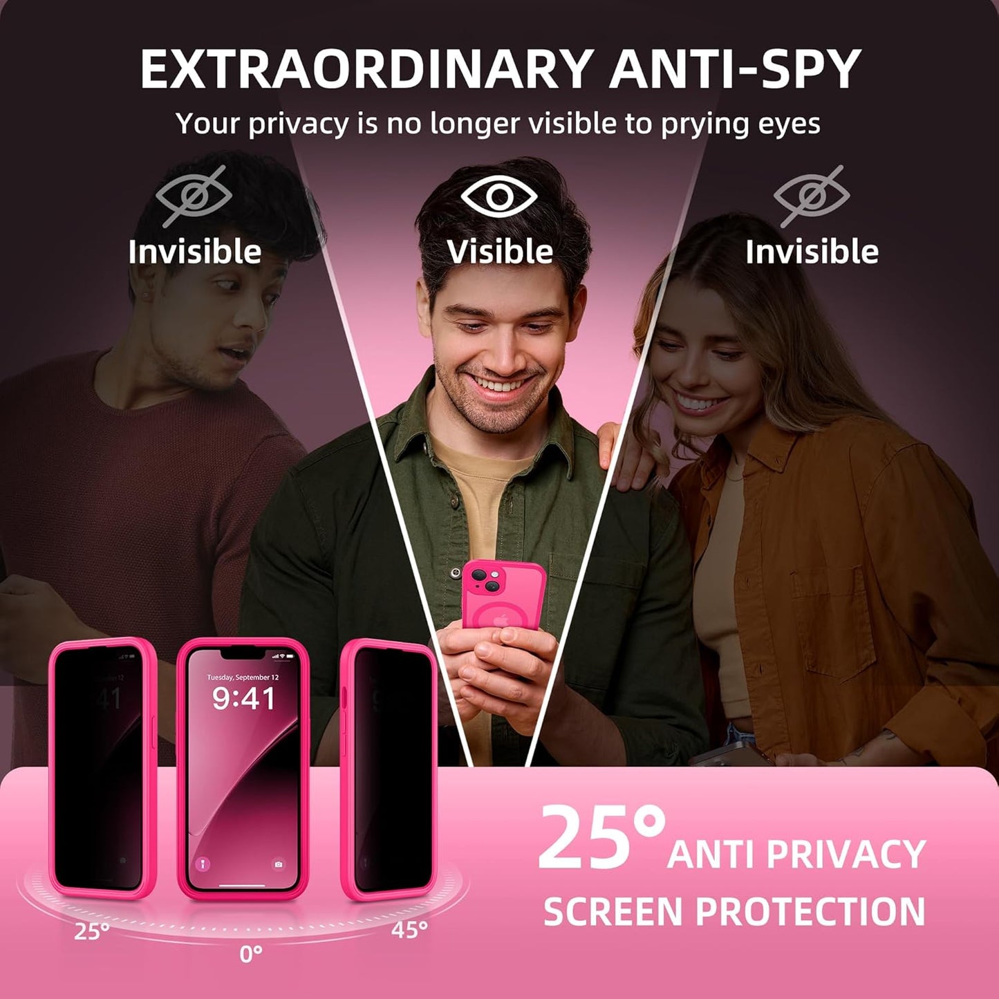 BERFY Magnetic for iPhone 14 Case, Compatible with MagSafe, Built-in Privacy Screen Protector and Upgraded Camera Protection, Anti-Spy Full Body Shockproof Phone Case for 14 6.1", Hot Pink