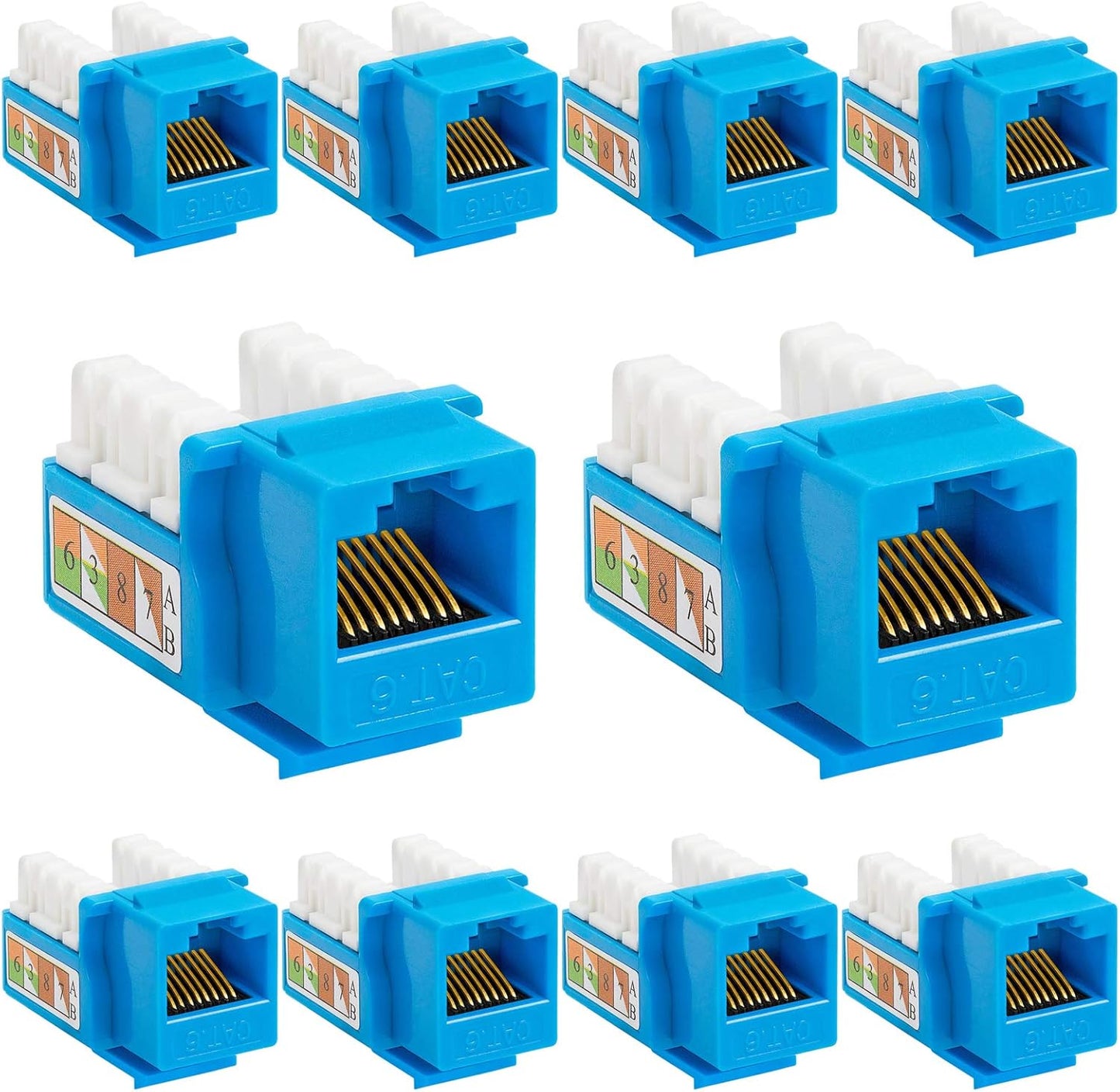 Cmple - 10 Pack Cat6 Keystone Jack Insert Punch Down RJ45 Connectors RJ45 Keystone Jack 90 Degree Female for Wall Plates, Patch Panels, Patch Cables, Ethernet Cables - Blue