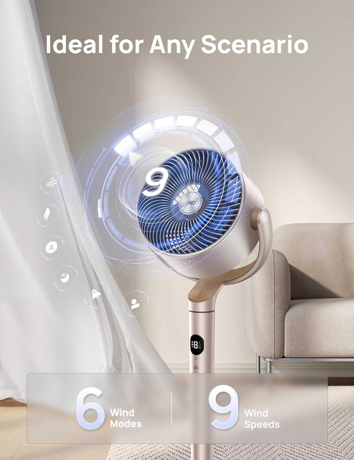 Dreo Smart Fans for Bedroom, 120° +120° Omni-Directional Oscillating Fan, 90ft Quiet Pedestal Fan with RGB Light, 9 Speeds, 6 Modes, 20dB, 8H Timer, Wi-Fi/Voice, 37-42" Floor Fans, Starlight