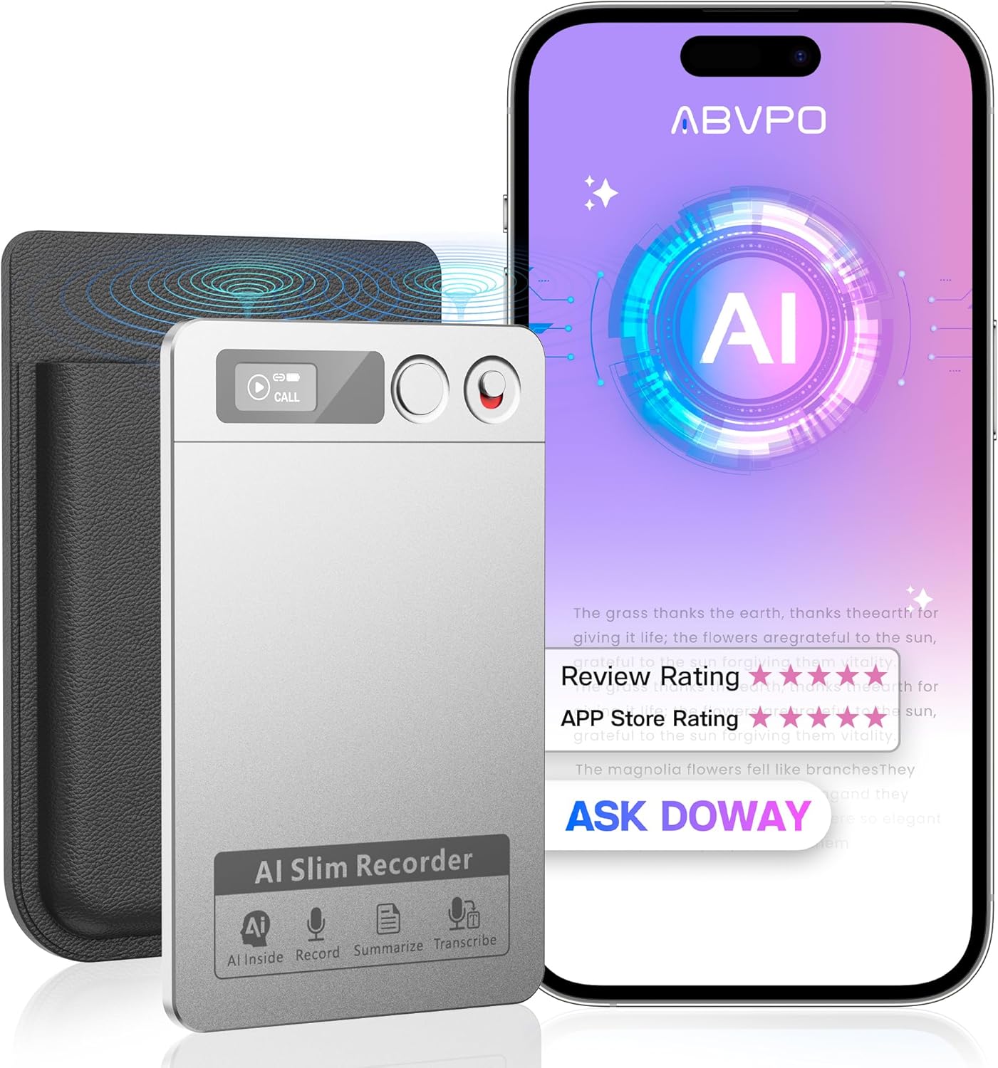 AI Voice Recorder, Note Voice Recorder - Transcribe & Summarize, AI Noise Cancellation Technology, Supports 118 Languages, 64GB Memory APP Control Audio Recorder (LightSilver)