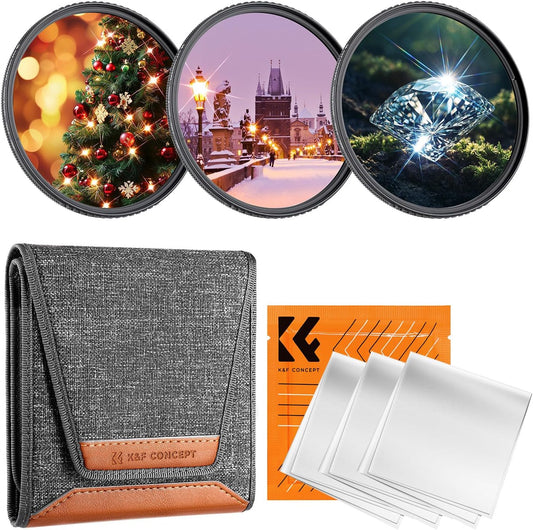K&F CONCEPT 55mm Star Filters Kit (3pcs) 4 Points 6 Points 8 Points Cross Screen Starburst Filters Set -18 Layer Coating Ultra Slim Optical Glass Camera Lens Filter with 3 Cleaning Cloth