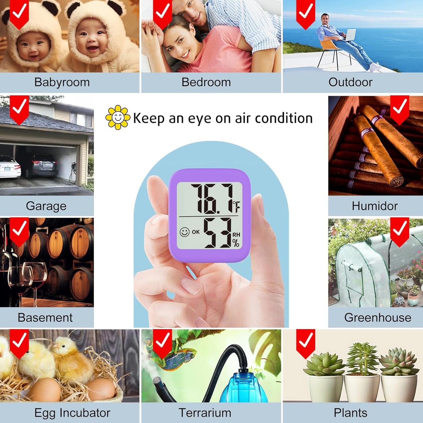 Antonki 2 Pack Room Thermometer for Home, Indoor Hygrometer Humidity Meter Gauge, Digital Temperature and Humidity Sensor Monitor for House, Terrarium, Incubator, Greenhouse - Battery Included