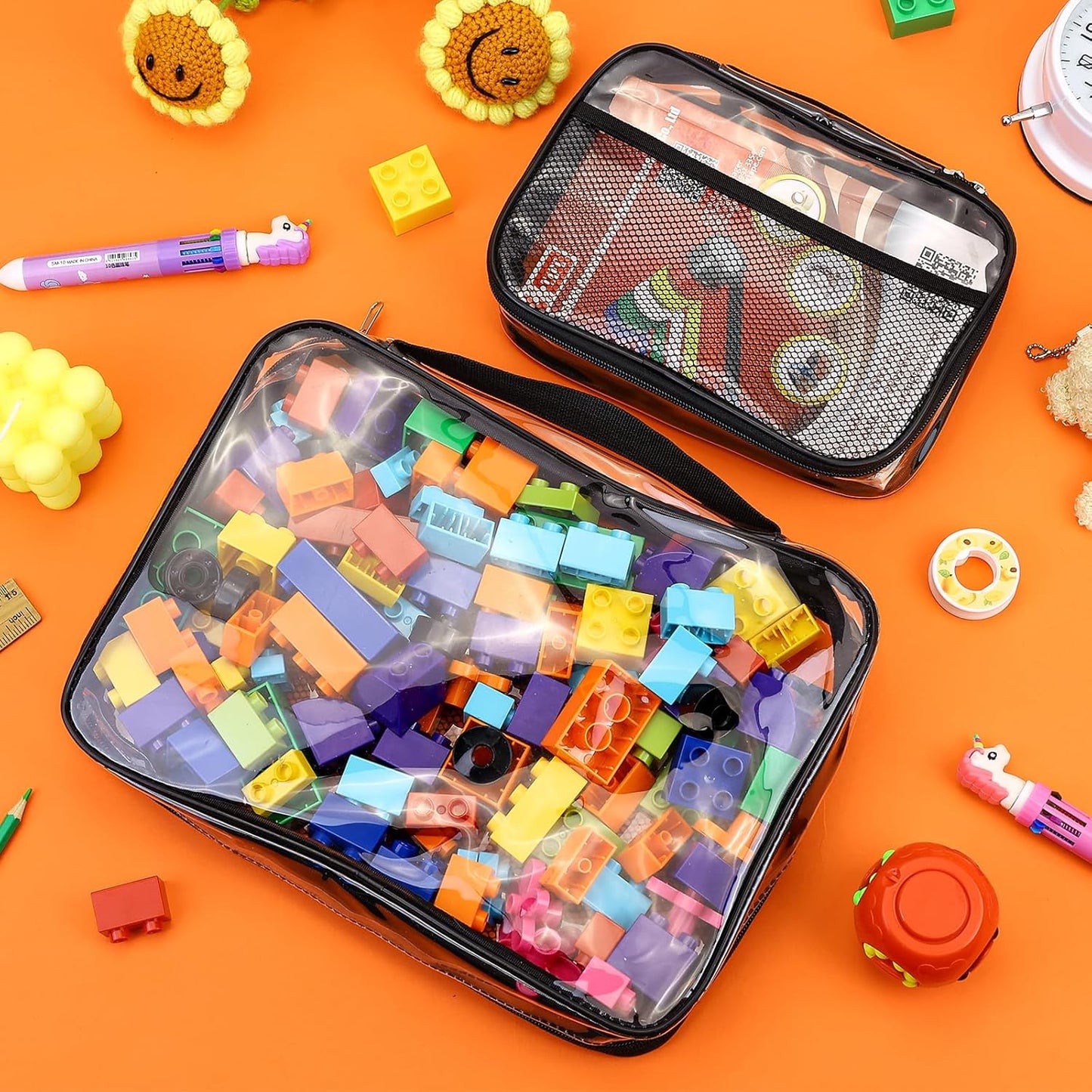 8 Packs Toy Storage Bags with Zipper, Reusable Clear PVC Board Game Storage, Travel Waterproof Organizer Bags with Portable Handle for Building Blocks, Bricks, Puzzles, Books