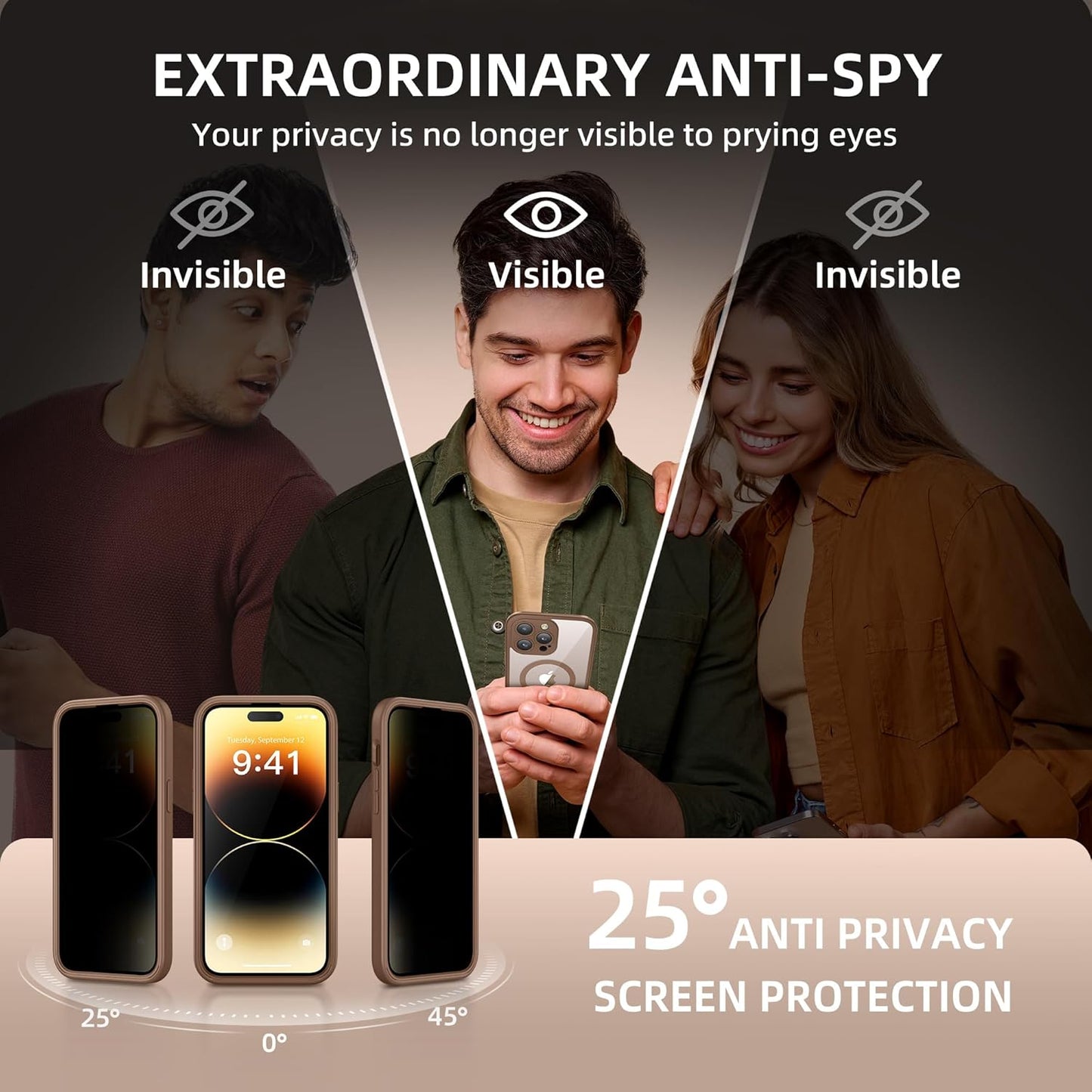 BERFY Magnetic for iPhone 14 Pro Max Case, Compatible with MagSafe, Built-in Privacy Screen Protector and Upgraded Camera Protection,Anti-Spy Full Body Shockproof Phone Case for 14 Pro Max,Desert Gold