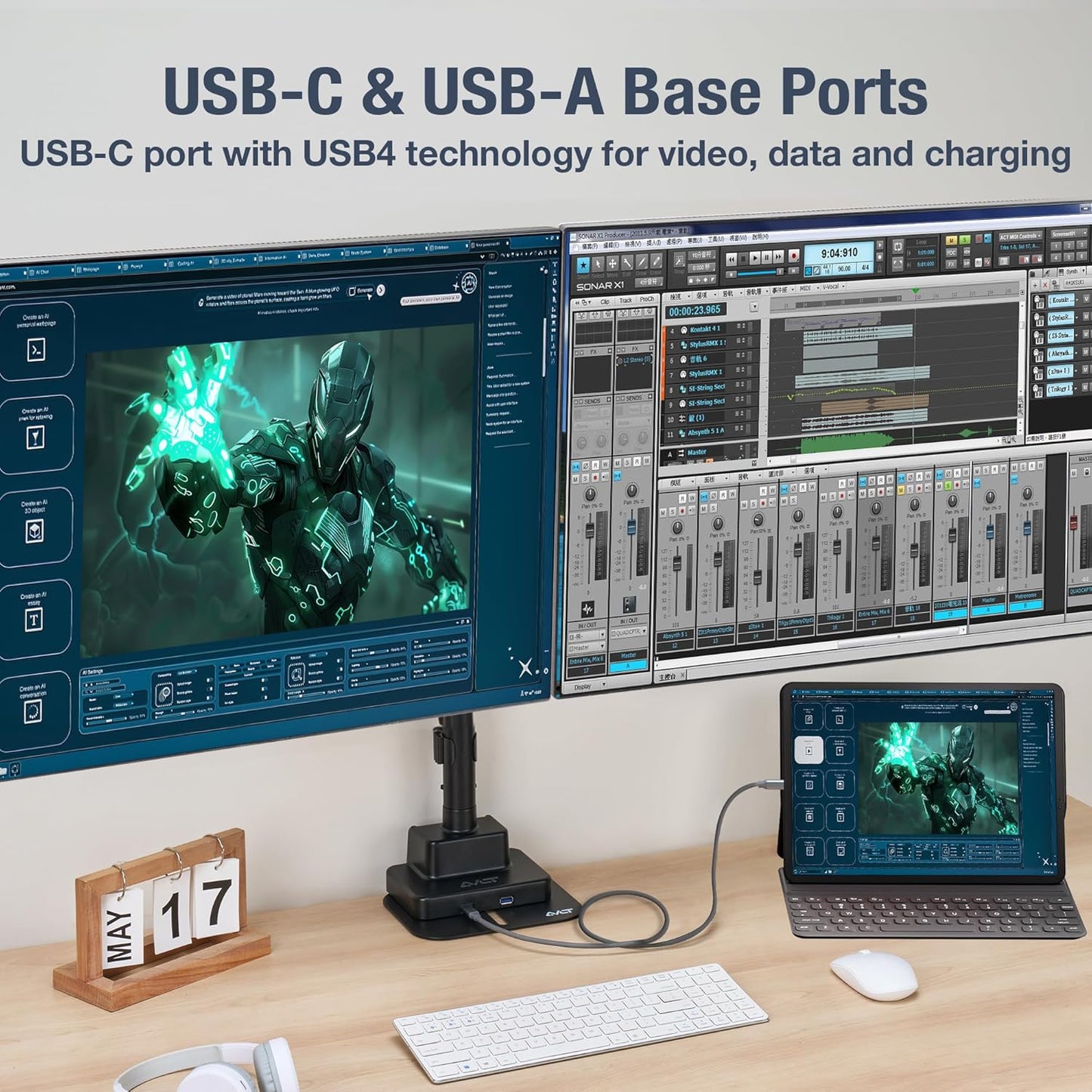 AVLT Dual 57 Inch Heavy Duty Stacking Monitor Arm Pole Top Mount With USB-C USB-A Ports-Black, Height Adjustable, Easy Install Top C-Clamp/Grommet With Reinforcement Plates, VESA Compatible 200/100/75