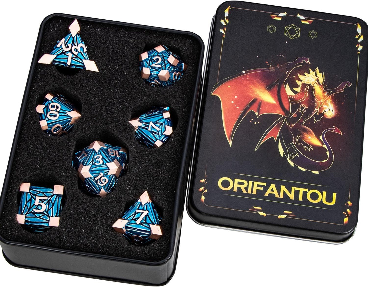 7PCS Metal DND Dice Set with Box, Debris RPG Copper Blue D and D Dice for use with D&D Tabletop Games Role Playing Game Polyhedral Dice Set D20 D12 D10 D8 D6 D4