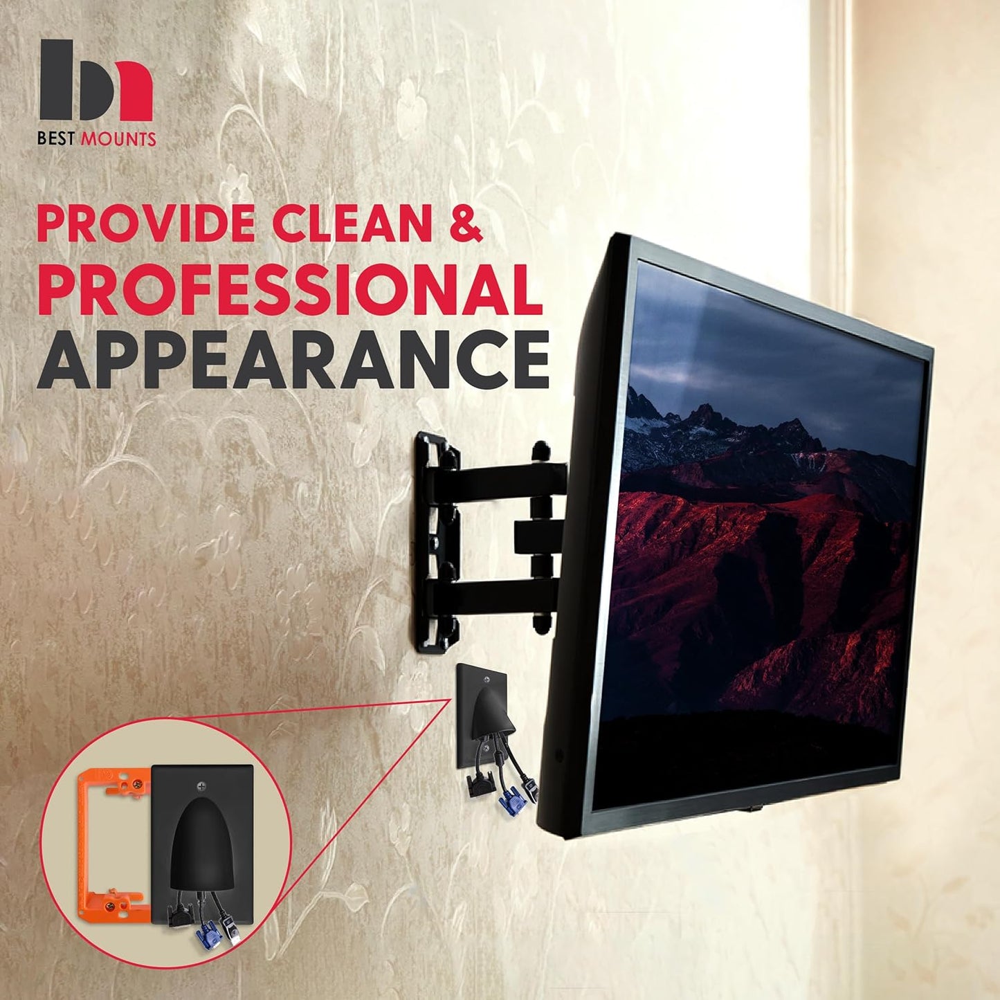 BestMounts - 1 Pack In Wall Cable Management Kit - Recessed Wall Plate Cable Pass Through Pair with Single Gang Low Voltage Mounting Bracket - TV Cord Hider for Wall Mounted TV ETL Listed