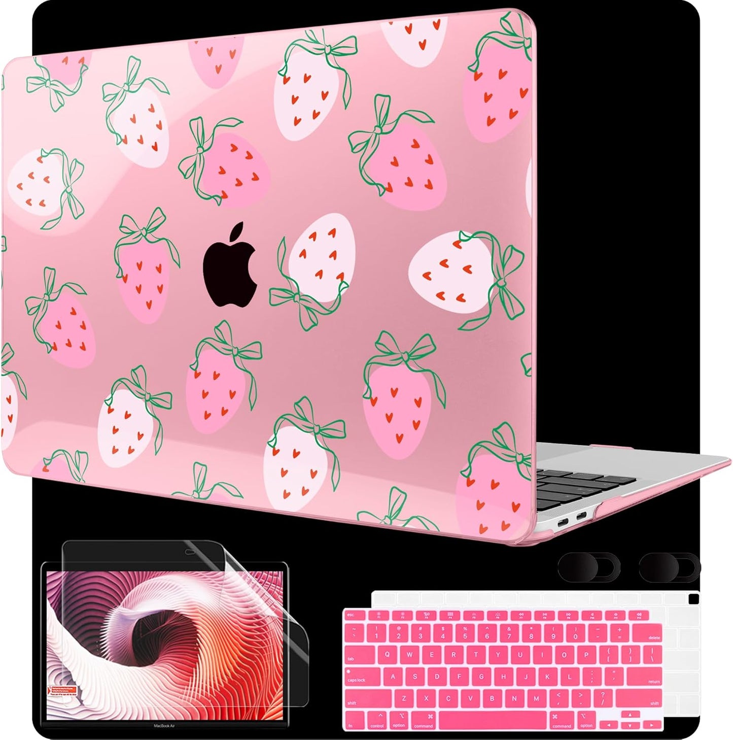 MEEgoodo for MacBook Air 13 inch Case 2021 2020 2019 2018 Released A2337 M1 A2179 A1932 with Touch ID, Plastic Hard Shell & Keyboard Cover Compatible with MacBook Air Case 13.3, Strawberry & Bow