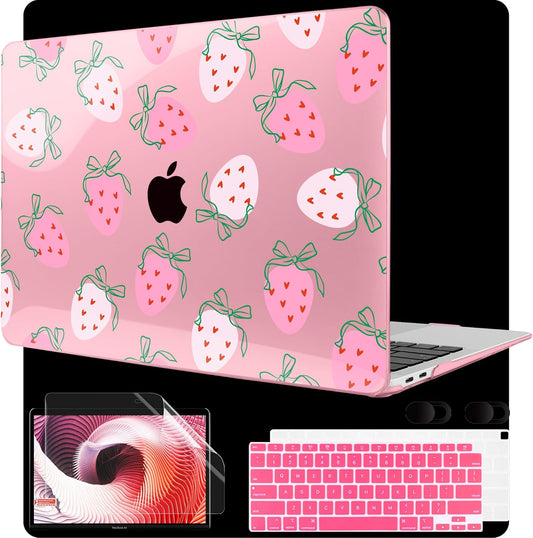 MEEgoodo for MacBook Air 13 inch Case 2021 2020 2019 2018 Released A2337 M1 A2179 A1932 with Touch ID, Plastic Hard Shell & Keyboard Cover Compatible with MacBook Air Case 13.3, Strawberry & Bow
