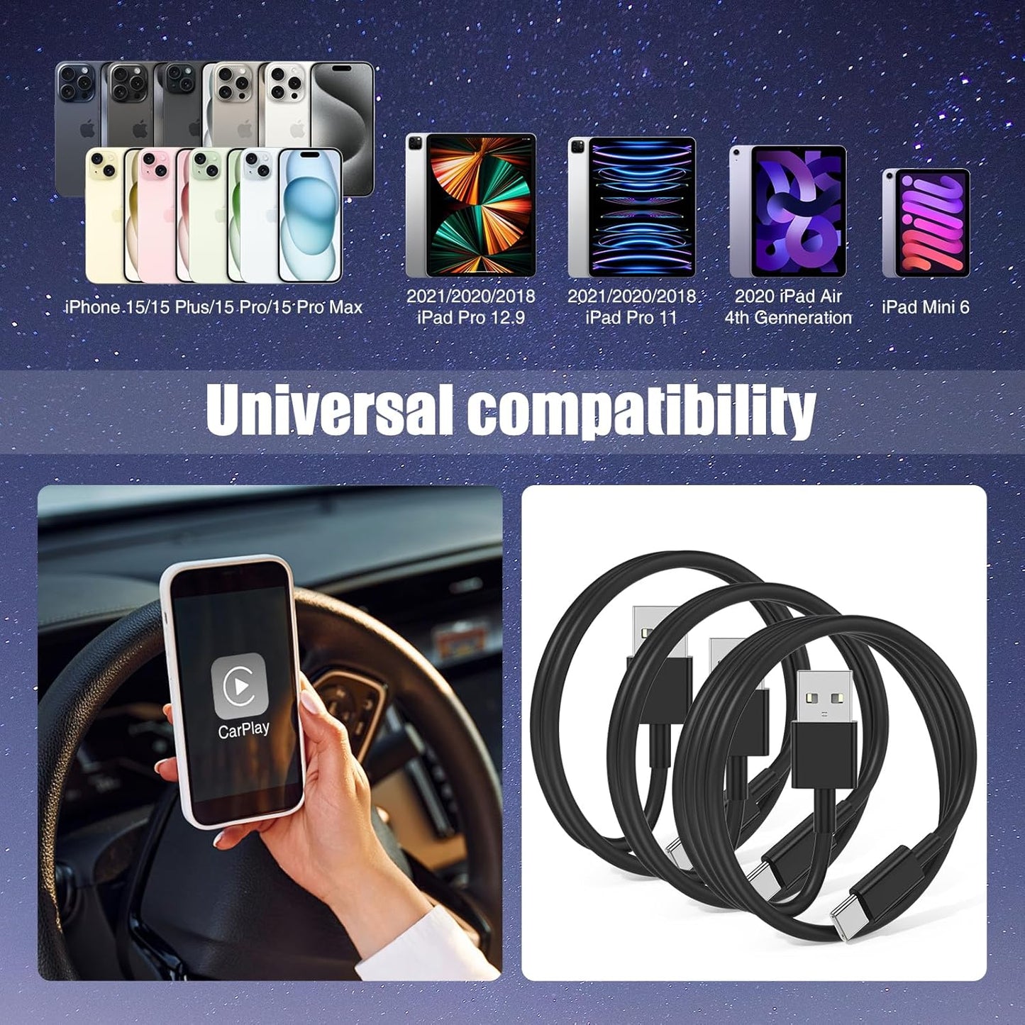 3-Pack Black [3.3FT+3.3FT+6FT] USB A to USB C Cable，USB to USB C Car Carplay Cable for iPhone 16 15 Pro Plus Pro Max，for iPad Pro/Air/Mini，for Samsung S24/S23/S22/S21，for MacBook Pro/Air and More