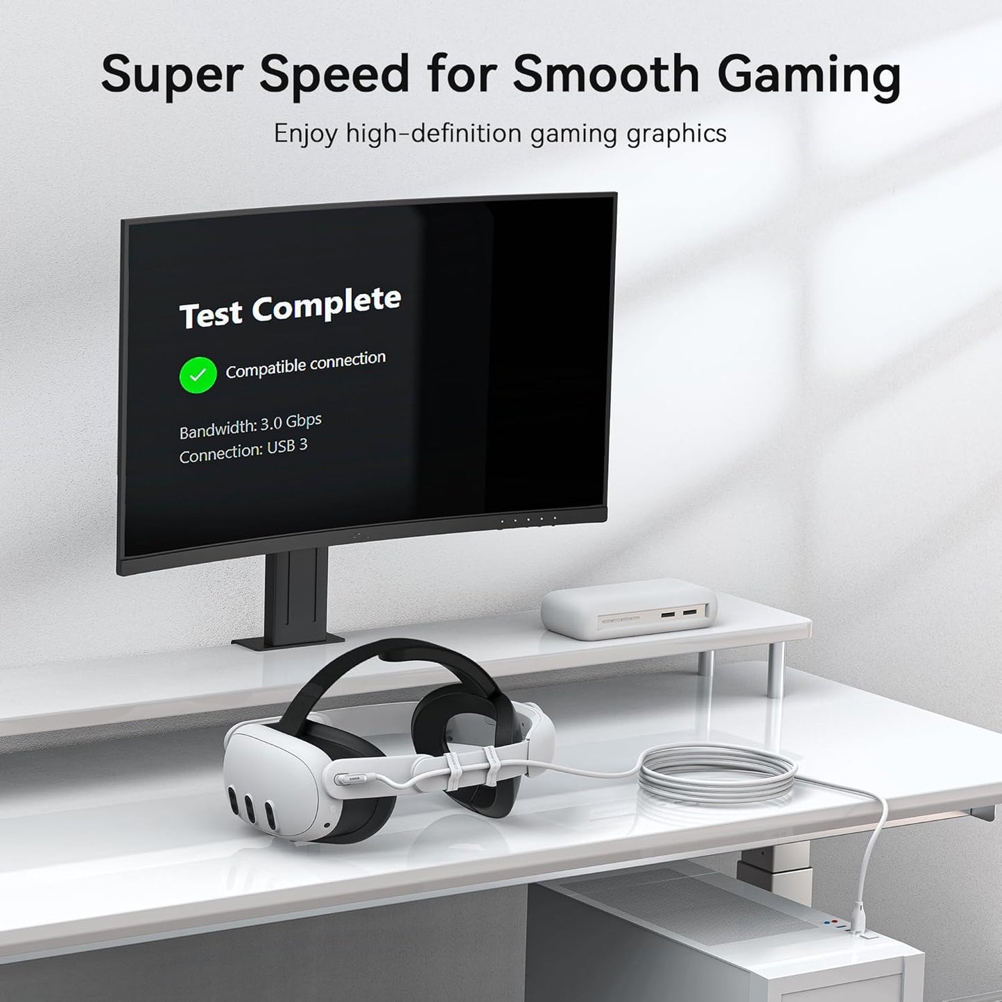 AMVR 16FT(5M) Link Cable Compatible with Meta Quest 3/3s/2/Pro & Pico 4 Series - Max to 5Gbps USB-C Data Line to USB 3.0 for PC Gaming & SteamVR Transmission (White)