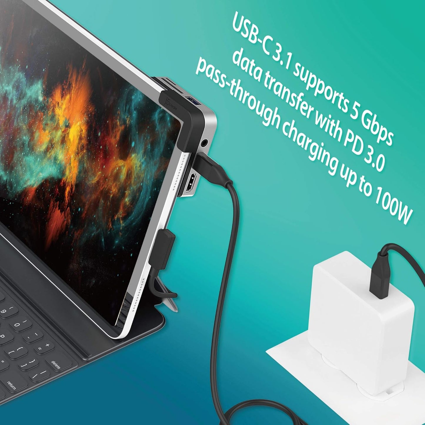 j5create iPad Pro USB C Hub- 6-in-1 Travel Dock for iPad Pro 12.9”/11”, with 4K@60Hz HDMI, USB C PD Charging 100W & Data, USB A 3.1, SD and microSD Card Reader, 3.5mm Headphone Jack (JCD612)
