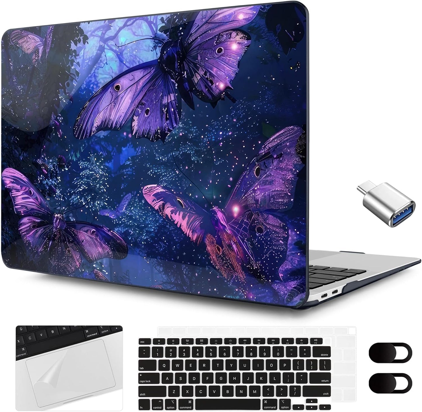 MEEgoodo for MacBook Air 13.3 inch Case 2021 2020 2019 2018 A2337 M1 A2179 A1932, Laptop Shell for MacBook Air M1 with Keyboard Webcam Cover & Trackpad Film & Type C Adapter,Purple & Blue Butterflies