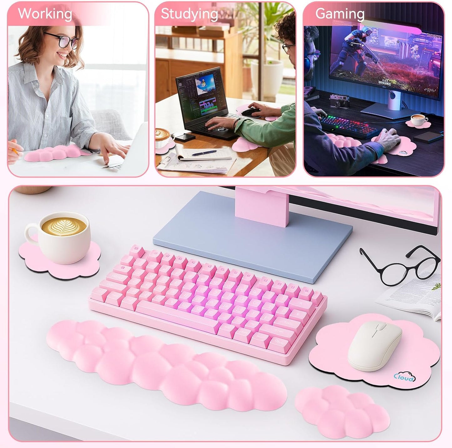 Cloud Wrist Rest for Computer Keyboard, 4-in-1 Memory Foam Leather Cloud Keyboard Wrist Rest and Mouse Pad Set with Ergonomic Support for Arm and Palm Cushion, Gaming/Work Setup, Pink