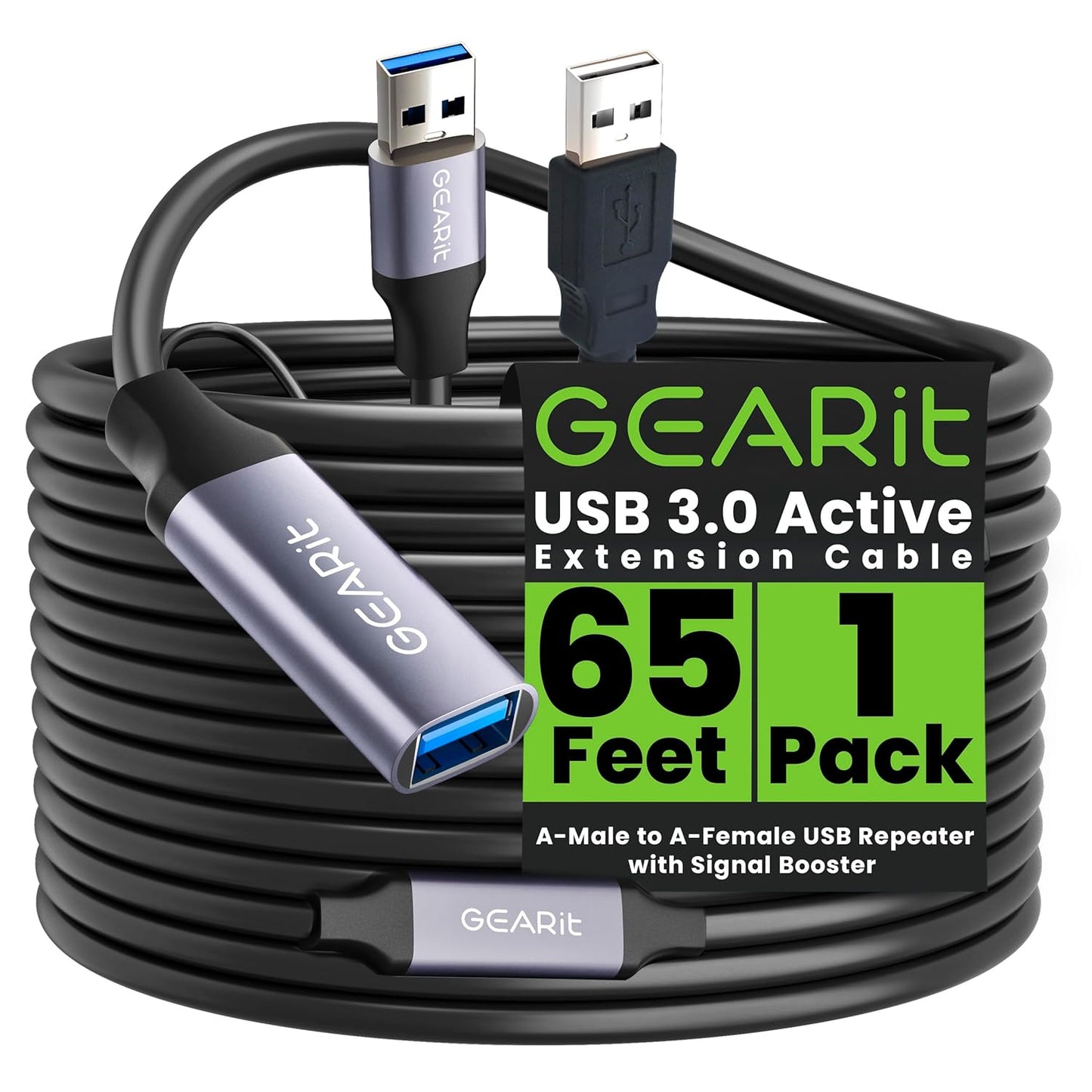 GEARit USB 3.0 Active Extension Cable (65 Feet) A-Male to A-Female USB Repeater with Signal Booster for Oculus Rift, Quest Link, Xbox 360 Kinect, PlayStation, Printer, Webcam - 65ft
