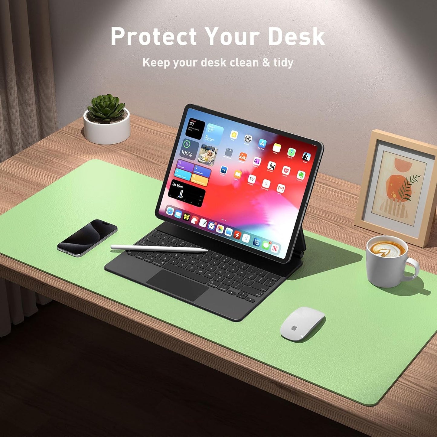 Aothia Leather Desk Pad Protector, Mouse Pad, Office Desk Mat, Non-Slip PU Leather Desk Blotter, Laptop Desk Pad, Waterproof Desk Writing Pad for Office and Home (31.5" x 15.7", Foam Green)