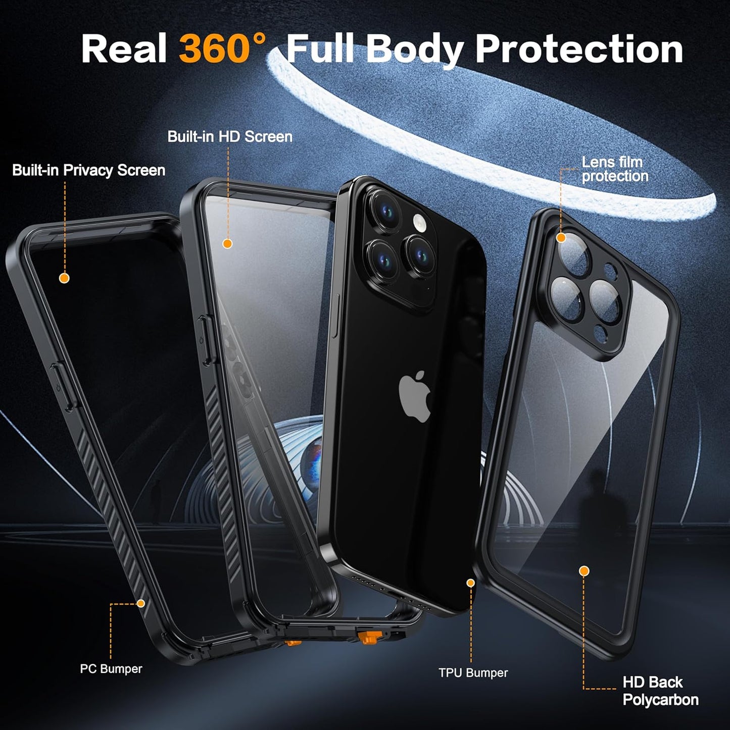 for iPhone 15 Pro Case Waterproof - Built-in Privacy Screen Protector & HD Screen Protector [IP68 Underwater] Shockproof Dustproof Full Body Protection iPhone 15 Pro Phone Case Black