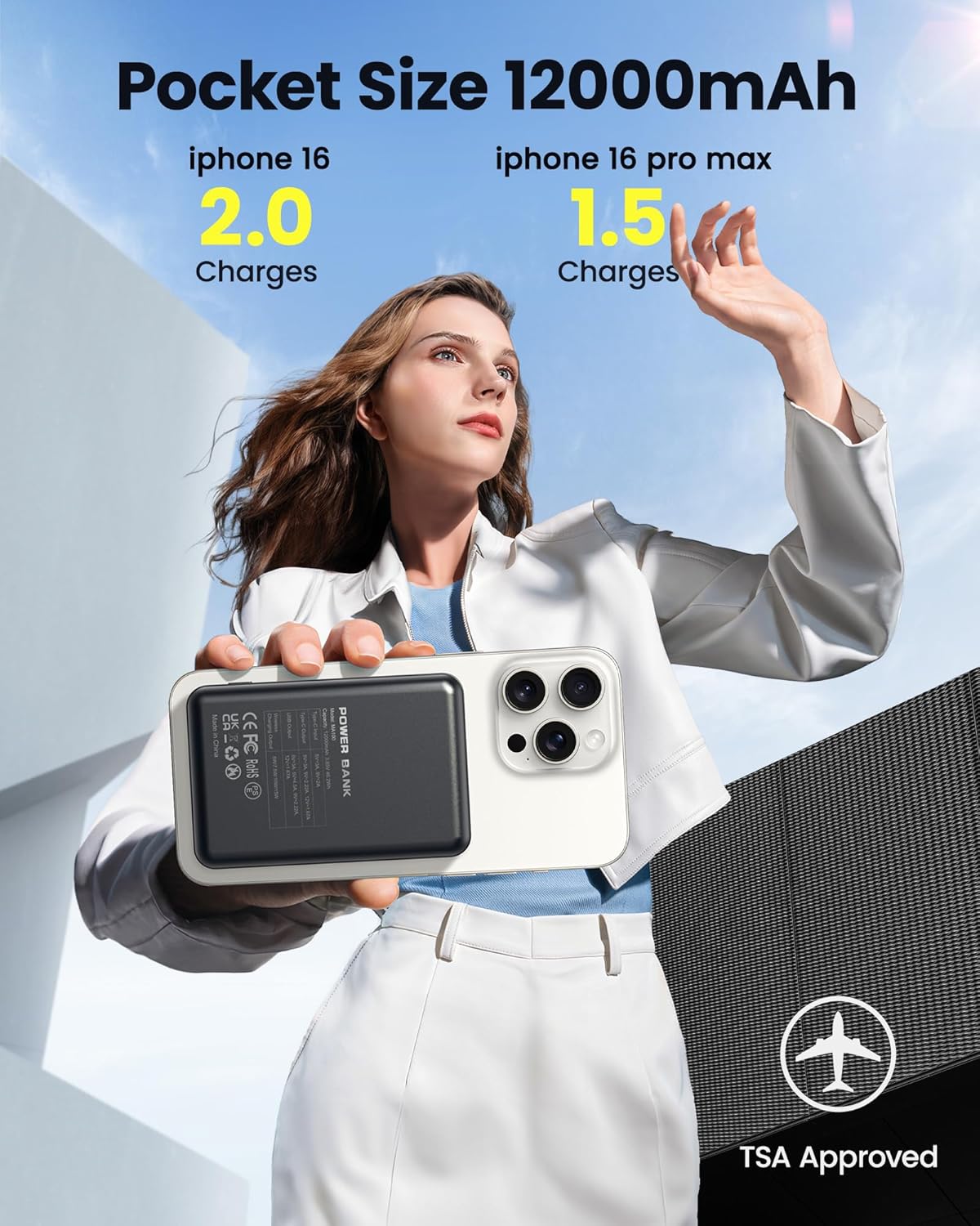 for Magsafe Battery Pack 12000mAh Magnetic Portable Charger Power Bank PD 22.5W USB C Fast Charging Wireless Battery Pack Phone Charger for iPhone 16/15/14/13/12 All Series