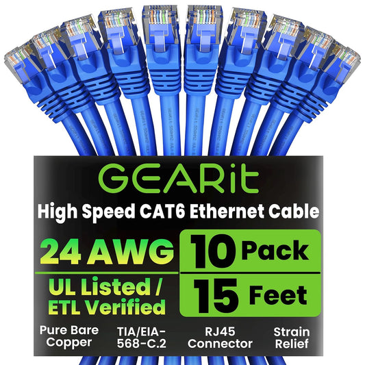GearIT Cat 6 Ethernet Cable Pack - 10-Pack 15 ft Cat6 Ethernet Patch Cables | RJ45 Network Patch Cable, 10 Gbps Snagless Gold-Plated Connectors - Ethernet Cable Cat 6 for PC, TV, Router - Blue