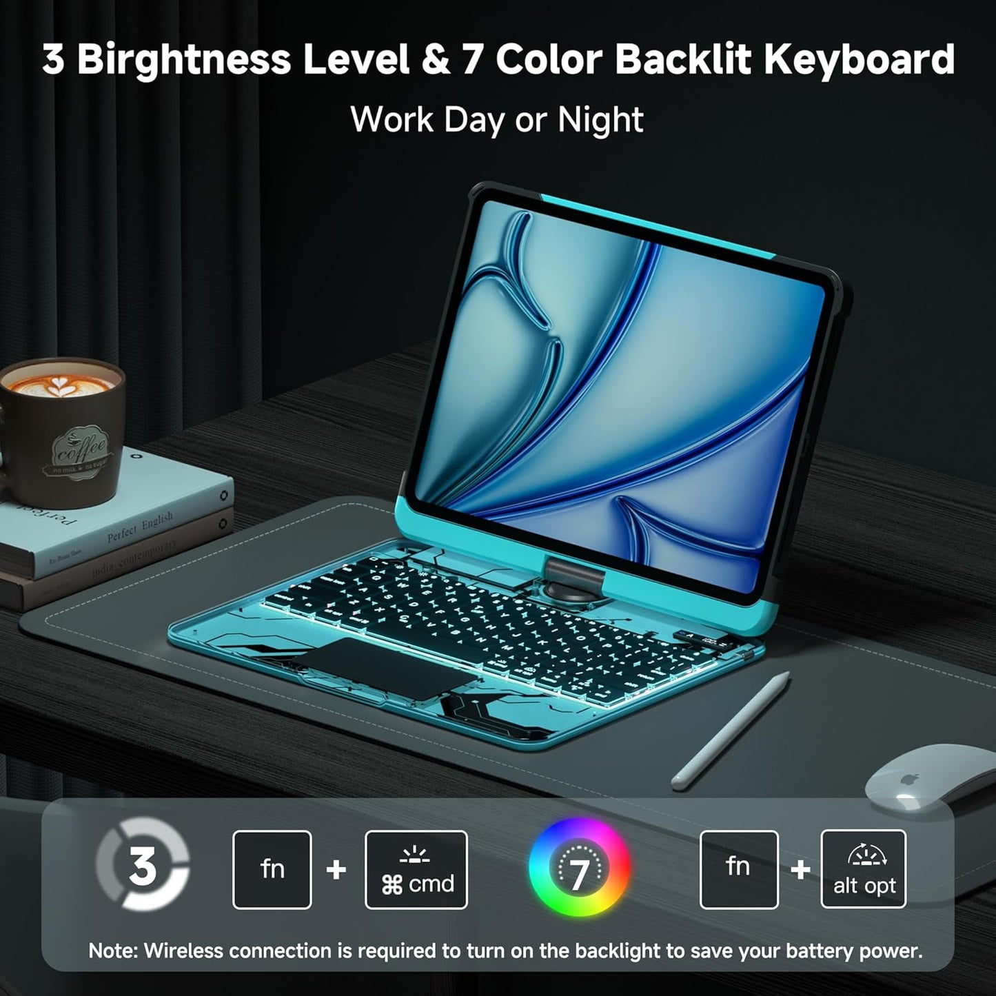 iPad Keyboard Case for iPad 10th Gen (2022) & 11th (A16, 2025), Magic Wireless Keyboard with Trackpad 7 Color Backlit, 360° Rotating Stand Transparent Protective Cover with Pencil Holder (Cyan)