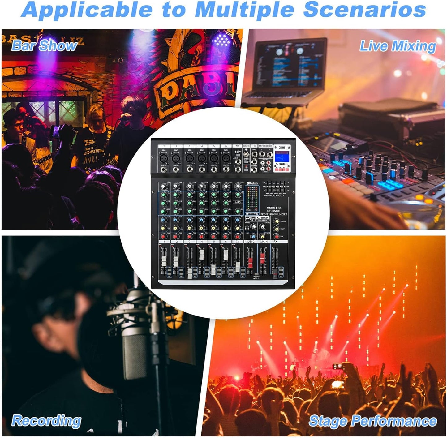 Dj Mixers 8 Channel Audio Mixer Sound Board with Bluetooth, Usb Audio Interface with 48V Phantom Power Sounds Mixer Board with FX Reverb Delay Effect for Streaming