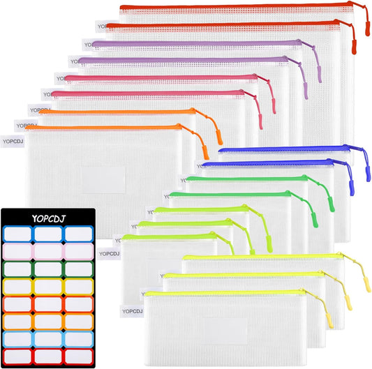 18 Pack 8 Size Mesh Zipper Pouch Bags, Waterproof Zipper Bags with Label Pocket,File Bags for Classroom Organization,Zipper Pouches of Office Supplies,Puzzles, Board Game Storage