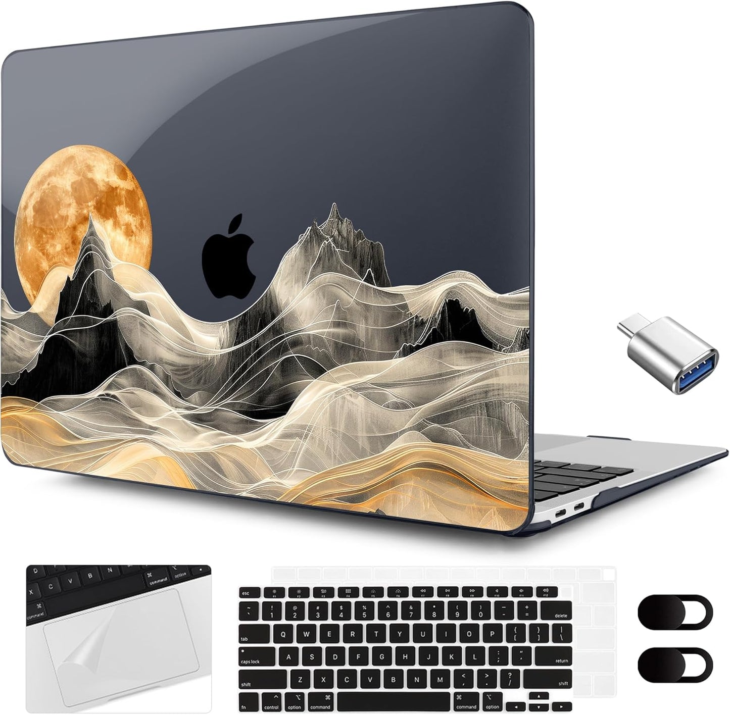 MEEgoodo for MacBook Air 13.3 inch Case 2021 2020 2019 2018 A2337 M1 A2179 A1932, Laptop Shell for MacBook Air M1 with Keyboard Webcam Cover & Trackpad Film & Type C Adapter,Mystical Full Moon