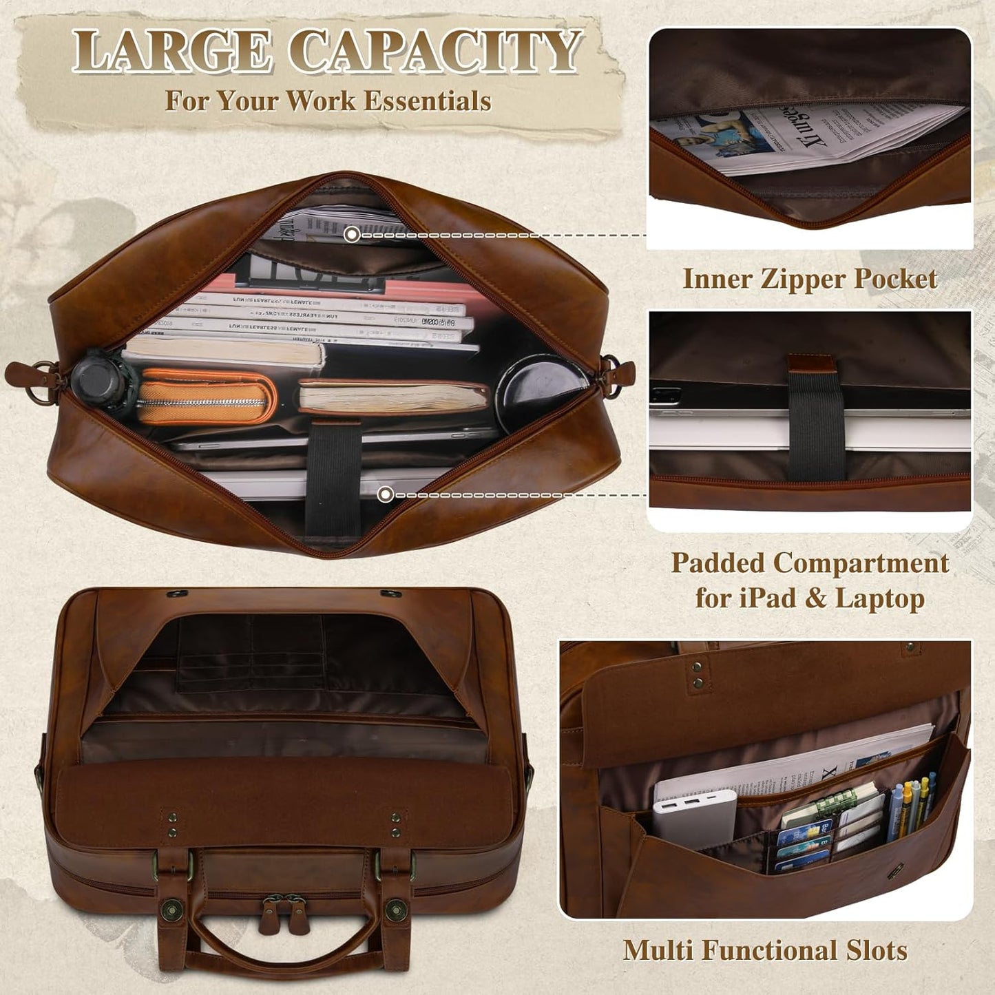 RAINSMORE Messenger Bag for Men 16 Inch Laptop Bag Vintage Leather Waterproof Laptop Briefcases Large Computer Satchel Bag