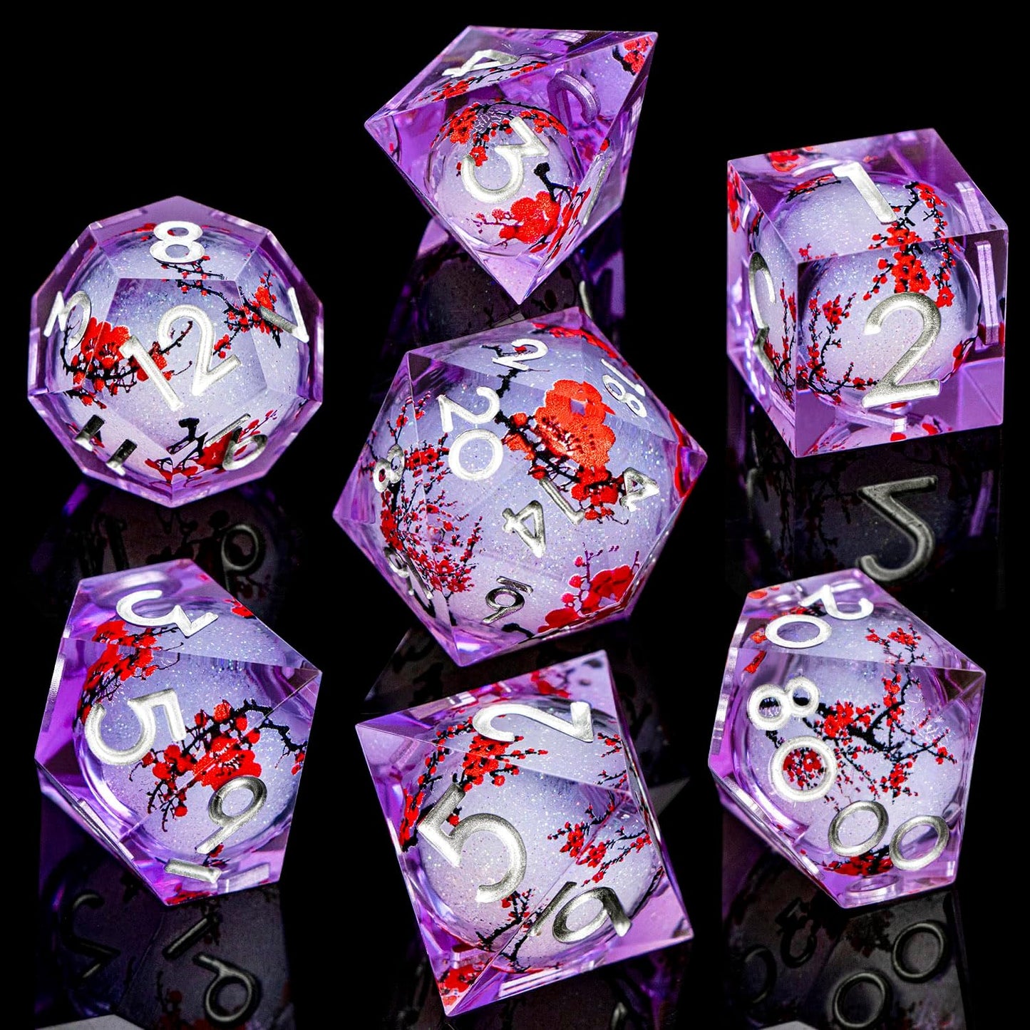 ARUOHHA DND Resin Dice Plum Blossom Liquid Core Silver Purple Sharp Edged Polyhedral Dragons Dice Set with Gift Box, Dungeons D and D Dice Compatible with D&D Role Playing Game D20 D12 D8 D6 D4
