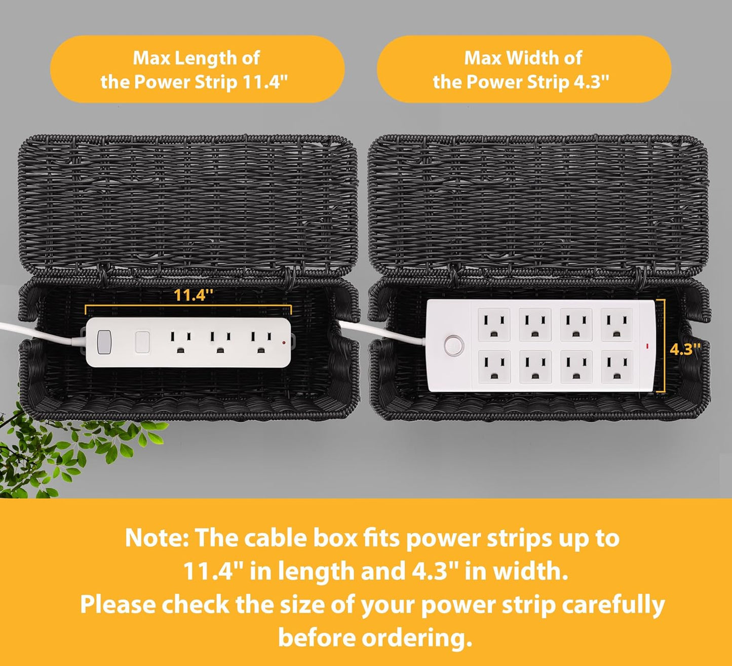 Handmade Cable Management Box, Imitation Rattan Cord Organizer Cord Hider Box, Desk Cord Management Box to Hide Cords and Power Strip L12.5 W5 H5.2 CB2412 Black