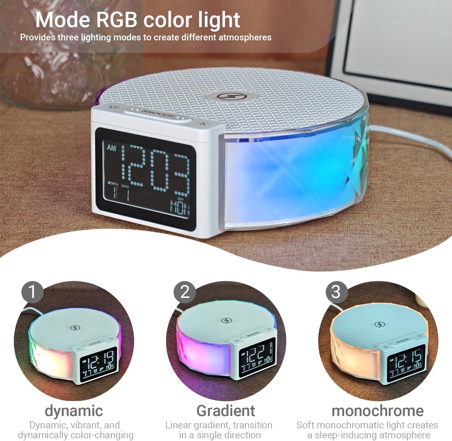 Alarm Clock with Fast Wireless Charging 15W,Digital Alarm Clock Night Lamp for Bedroom, RGB Nightlight for 5 Colors,Snooze Mode,8 Types of Music with Cable (White)