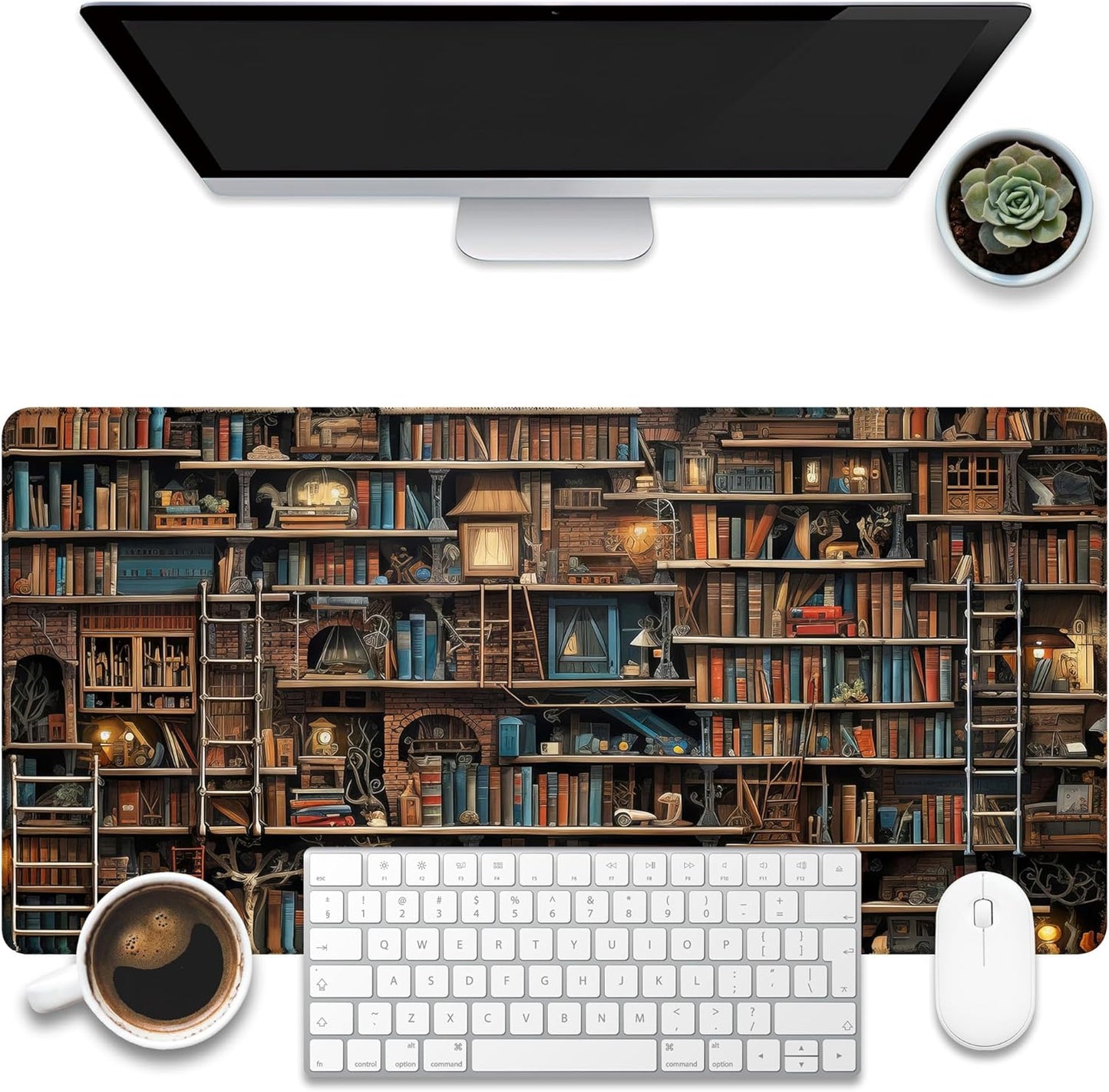 Desk Pad, Fantasy Shelves Desk Mat, Shelves Full of Books Large Gaming Mouse Pad for Desk, 31.5"x15.7" Extended Big Computer Keyboard Mouse Pad with Non-Slip Base and Stitched Edge