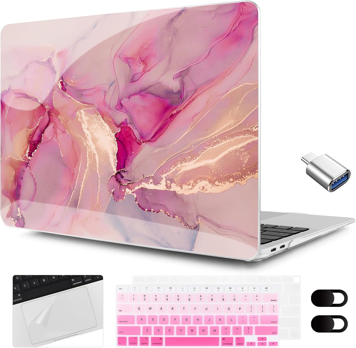 MEEgoodo for MacBook Air 13.3 inch Case 2021 2020 2019 2018 A2337 M1 A2179 A1932,Clear Case for MacBook Air M1,Laptop Shell with Keyboard Webcam Cover&Trackpad Film&Type C Adapter,Gold Splashes Marble