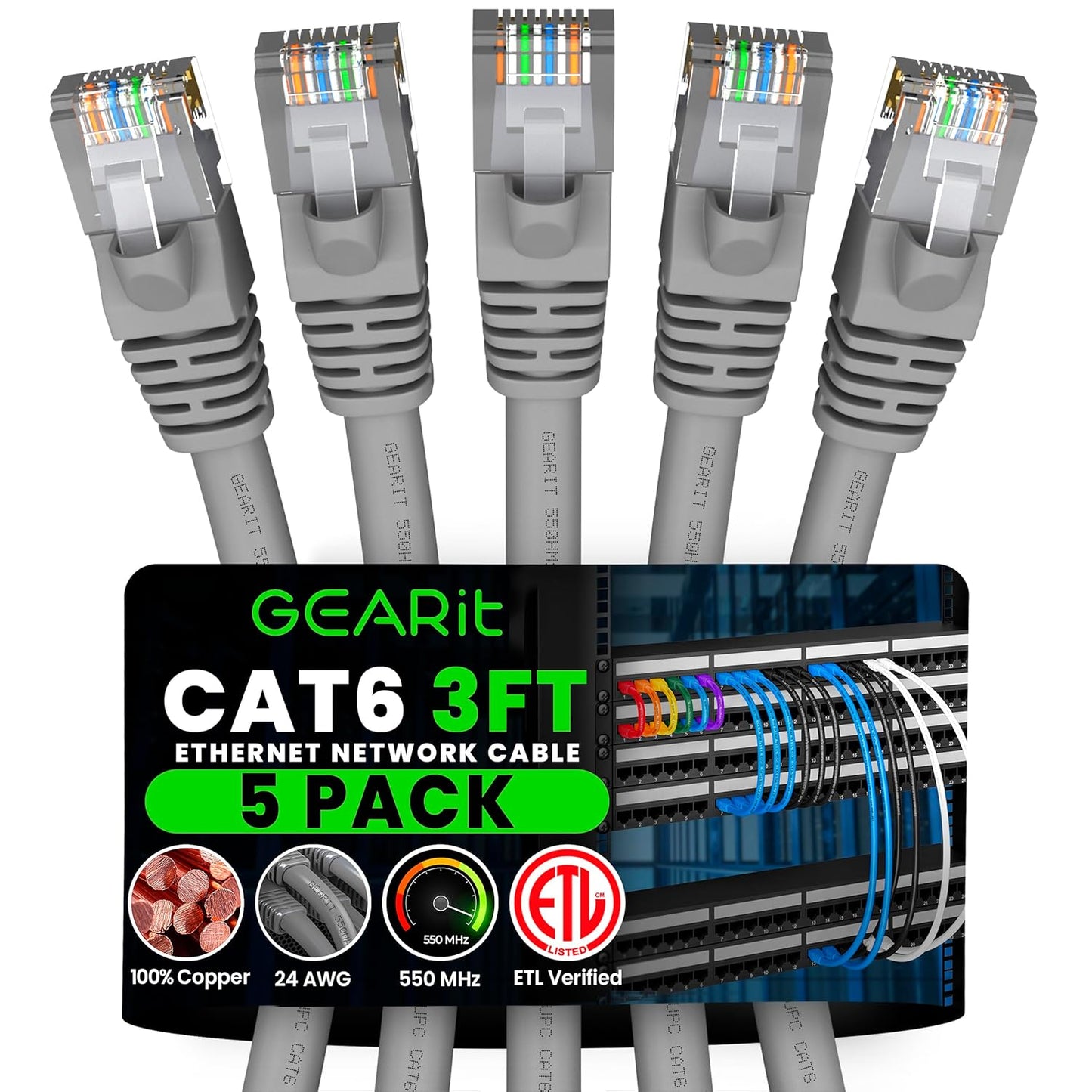 GEARit Cat 6 Ethernet Cable (5-Pack 3 Feet) Cat6 Network Patch, 10Gbps, RJ45, Snagless Cord, Gold-Plated Connectors, Internet for PC, TV, Tablet, Router, Printer, Servers, IT Data Center - Gray