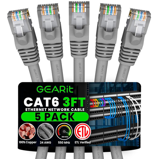 GEARit Cat 6 Ethernet Cable (5-Pack 3 Feet) Cat6 Network Patch, 10Gbps, RJ45, Snagless Cord, Gold-Plated Connectors, Internet for PC, TV, Tablet, Router, Printer, Servers, IT Data Center - Gray