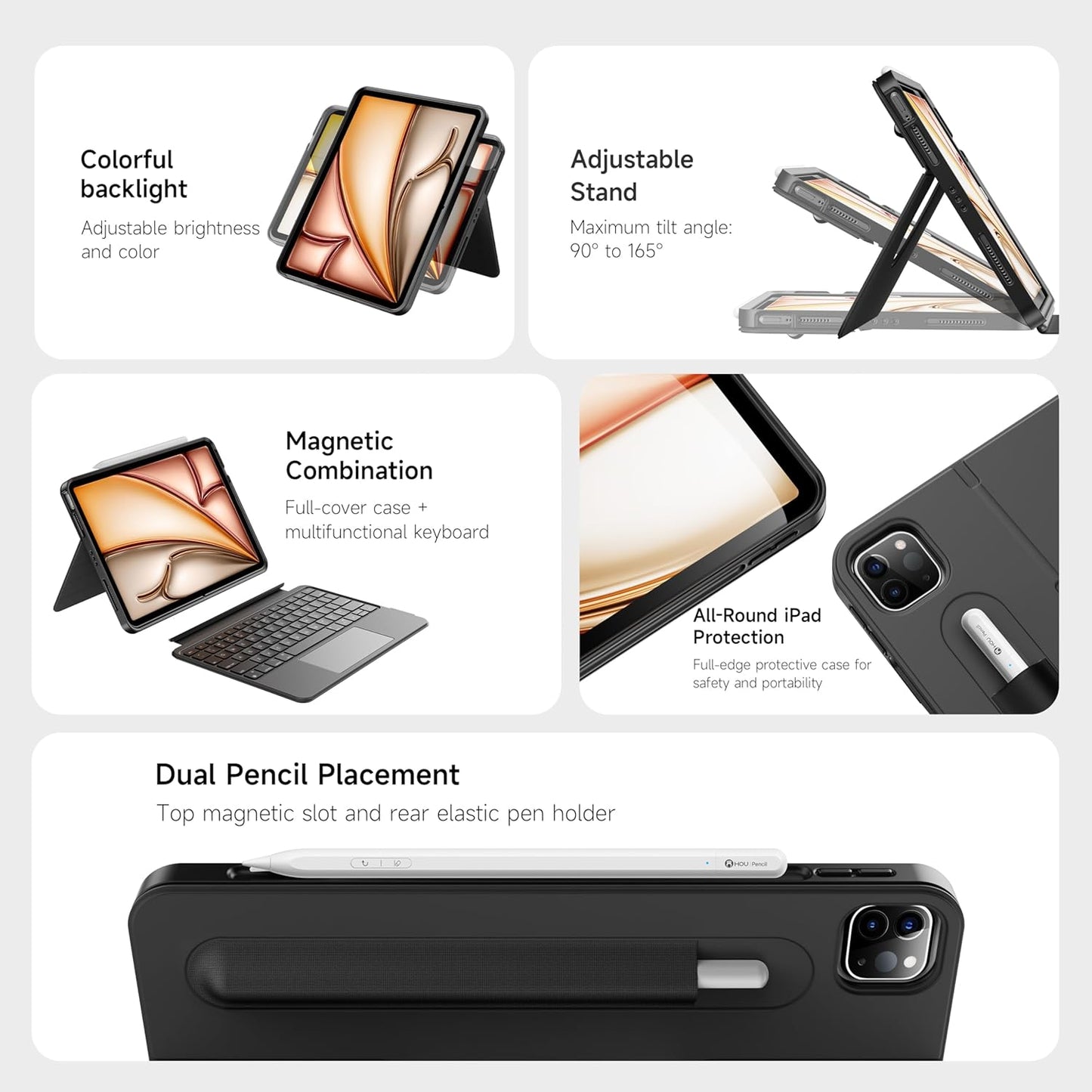 HOU iPad Air 11 Case with Keyboard (M3 2025, M2 2024) Detachable Rotatable Magnetic Full Protection Case, 7-Color Backlight, Touchpad, Elastic Pen Holder for iPad Pro 11 (4th-1st) & Air (5/4th)–Black